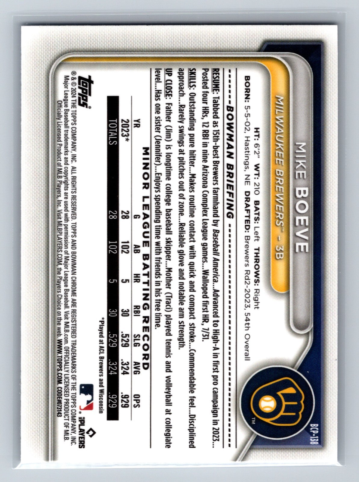 Mike Boeve 2024 Bowman Chrome Prospects Blue RayWave Refractor /150 #BCP-138