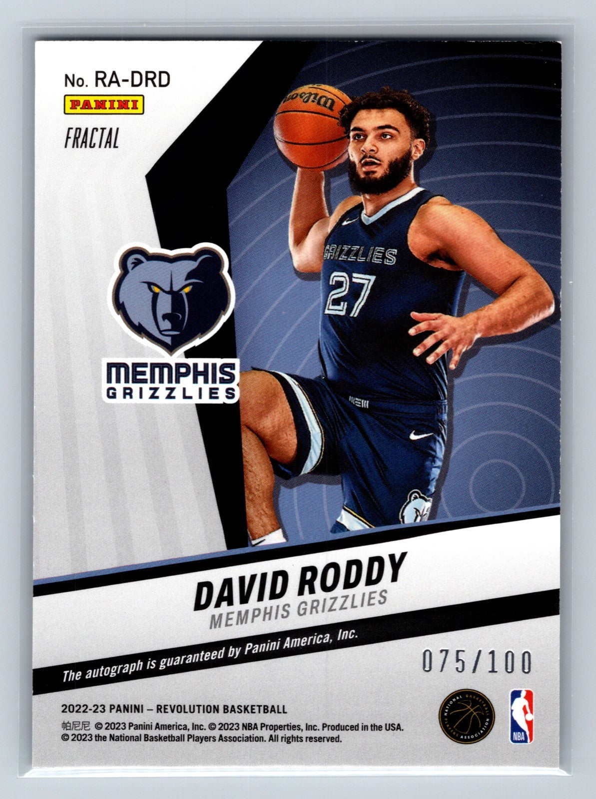 David Roddy 2022-23 Panini Revolution Fraktal Auto RC /100 #RA-DRD Grizzlies