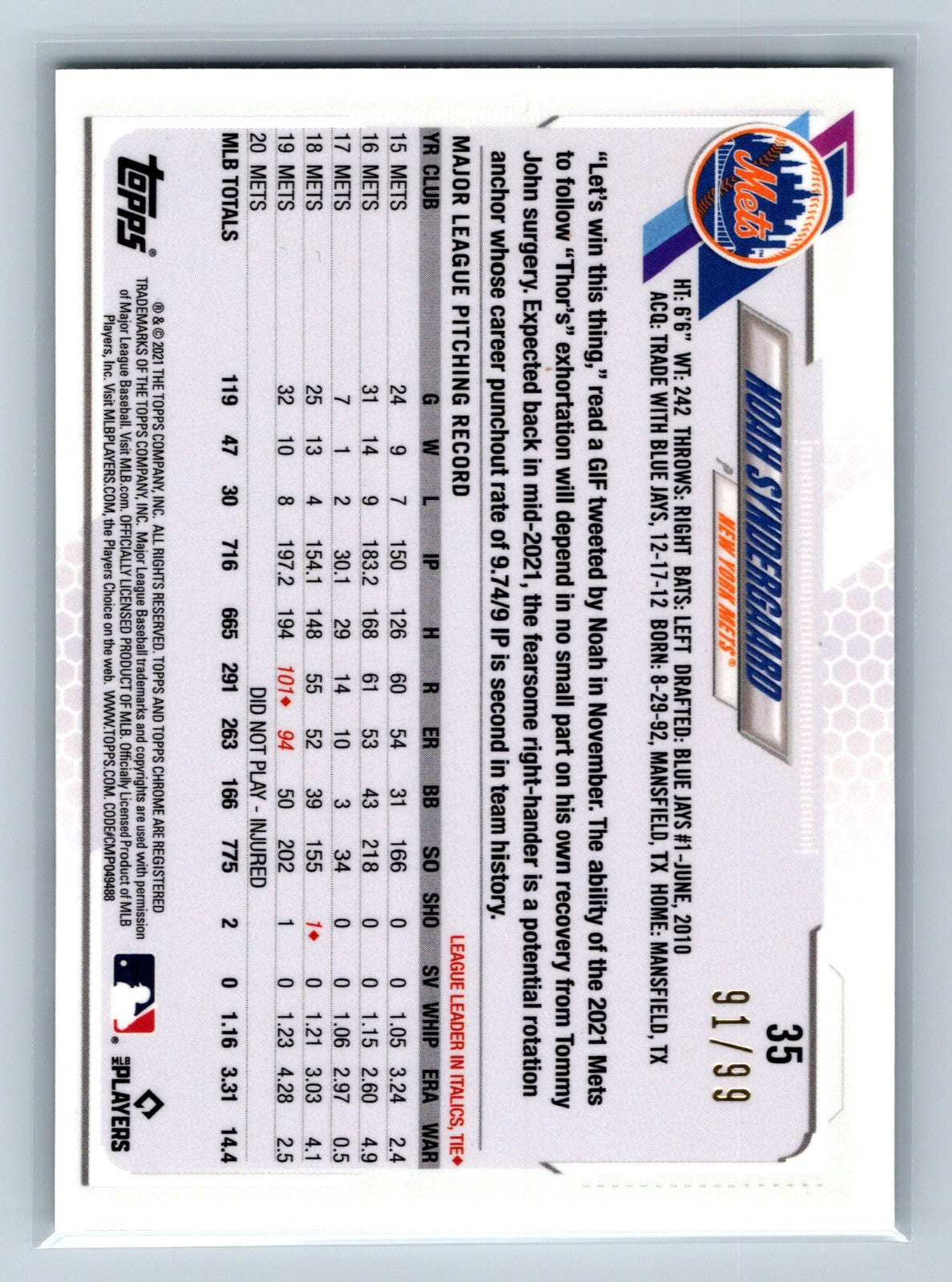 Noah Syndergaard 2021 Topps Chrome Ben Baller Green Refractor /99 #35 Mets