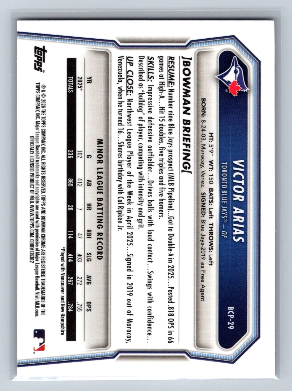 Victor Arias 2026 Bowman Chrome 1st Fuchsia Wave Refractor /199 #BCP-29