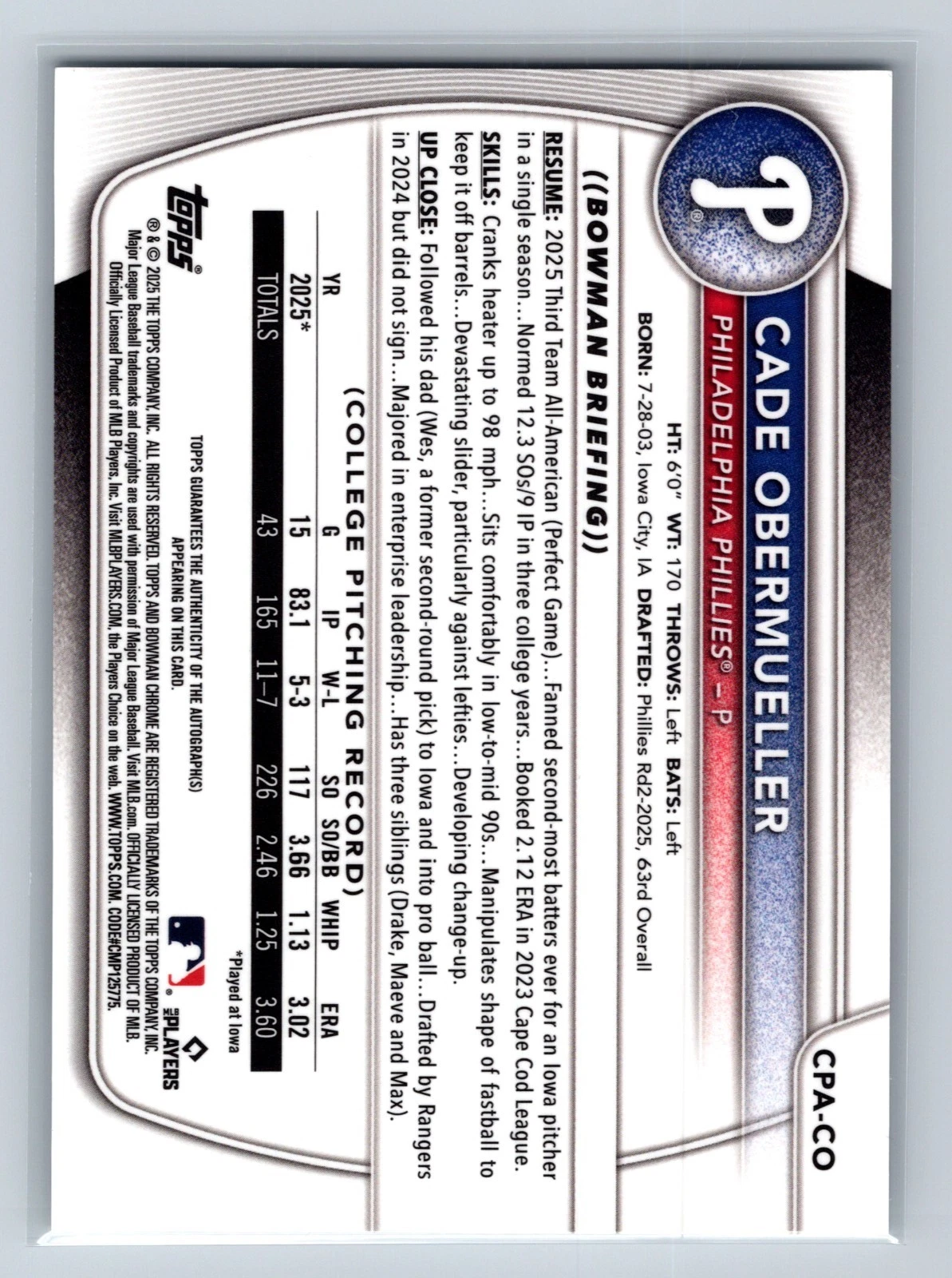 Cade Obermueller 2025 Bowman Draft Chrome 1st Auto #CPA-CO Phillies