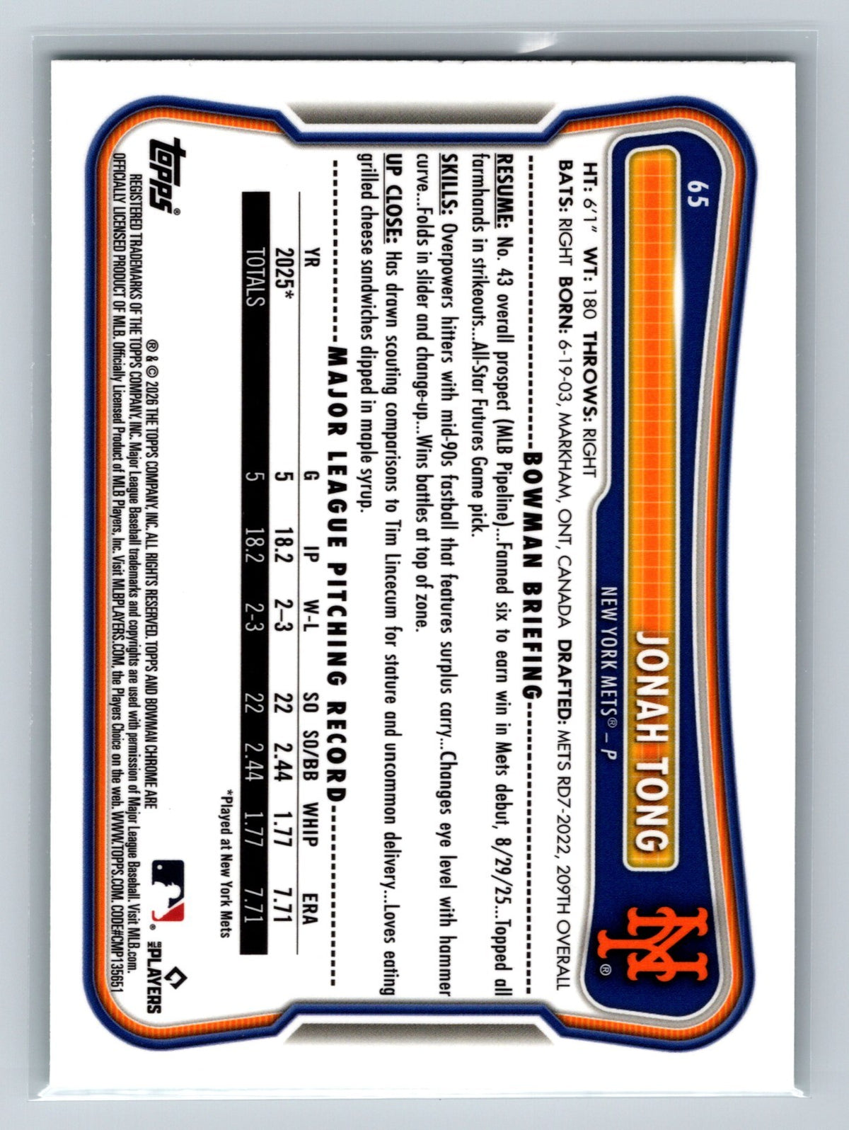 Jonah Tong 2026 Bowman Chrome Green Mojo Refractor RC /99 #65 Mets