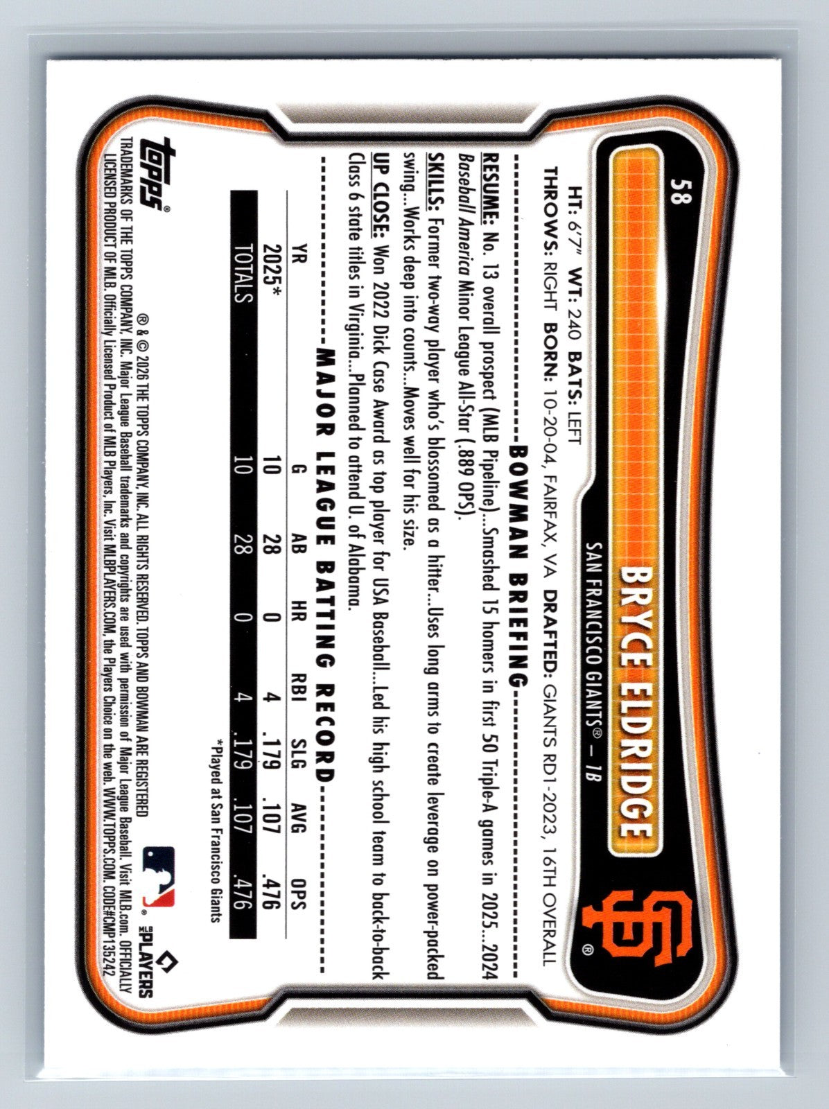Bryce Eldridge 2026 Bowman Paper Sky Blue RC /499 #58 Giants
