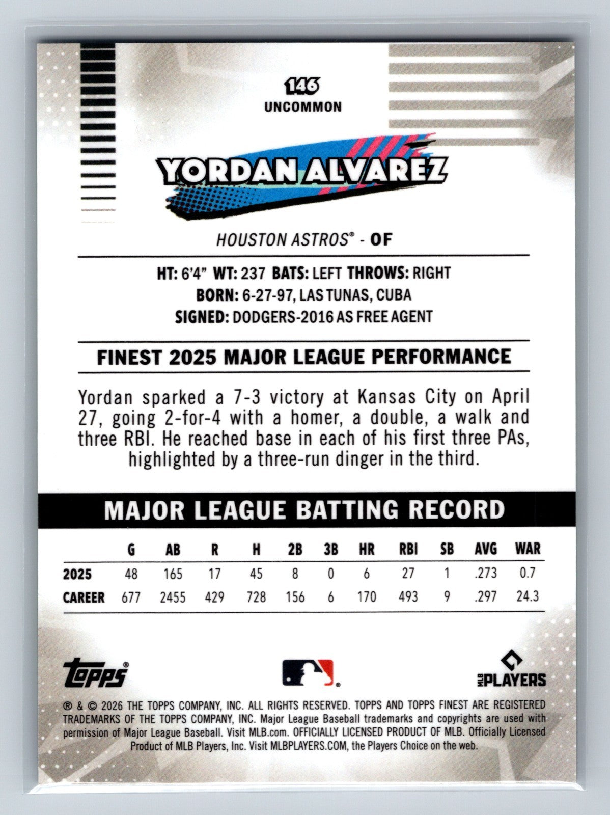 Yordan Alvarez 2026 Topps Finest Uncommon Green Mini Diamond Refractor /99 #146