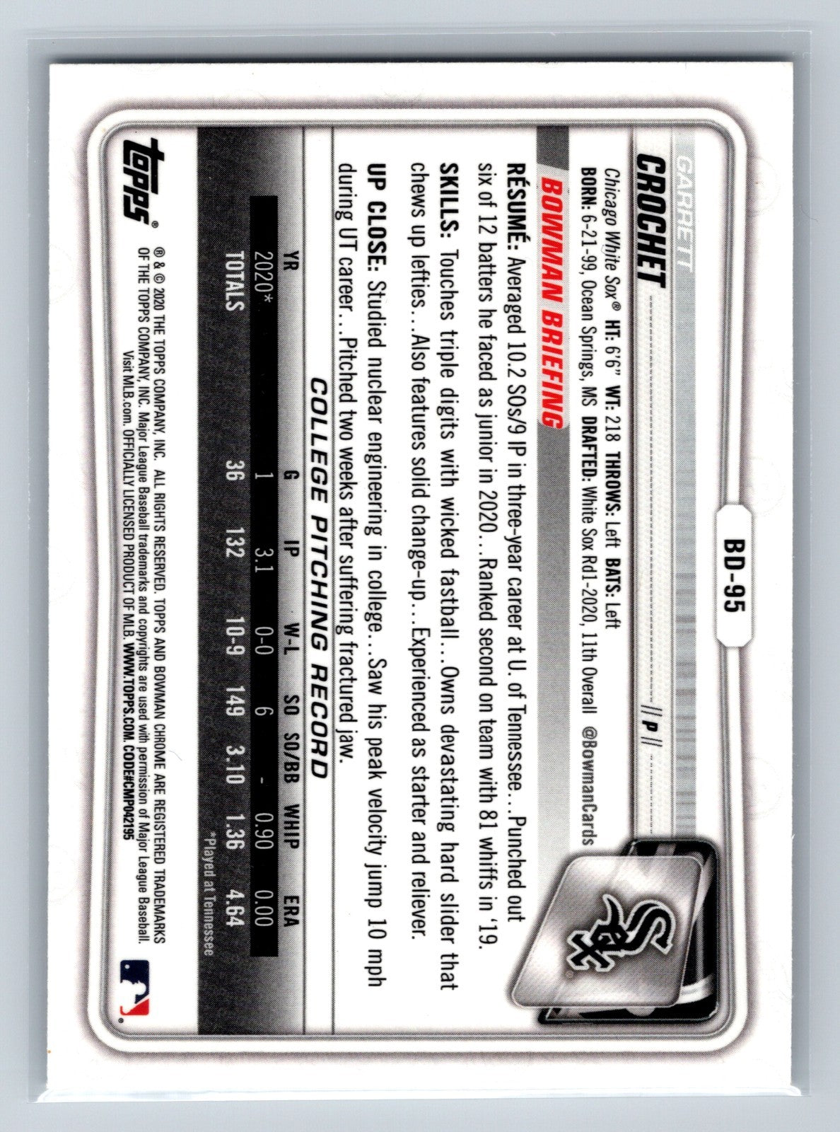 Garrett Crochet 2020 Bowman Draft Chrome 1st #BD-95 White Sox