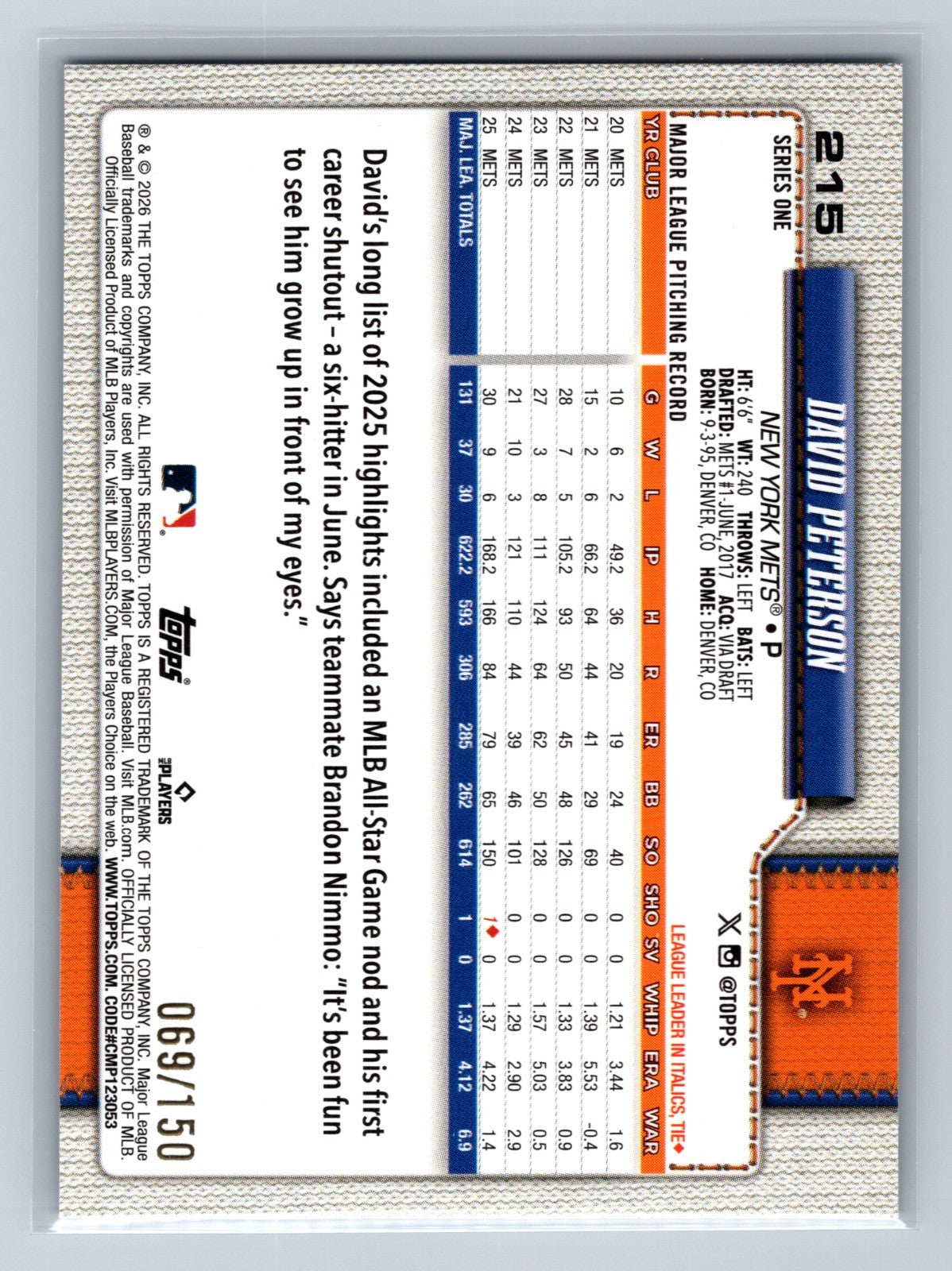 David Peterson 2026 Topps Series 1 Blue Rainbow Foil /150 #215 Mets