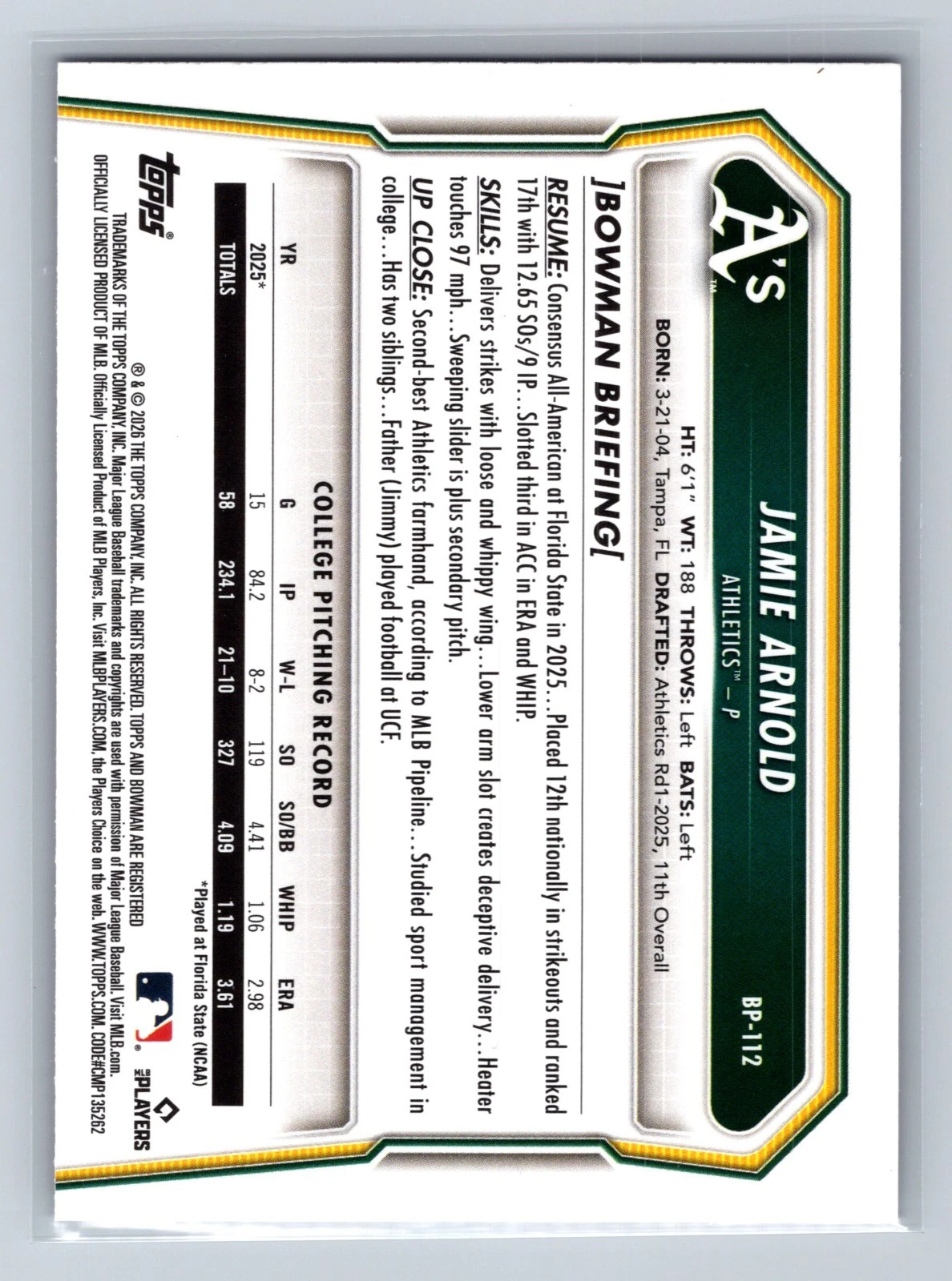 Jamie Arnold 2026 Bowman Paper Prospects Fuchsia /299 #BP-112 Athletics