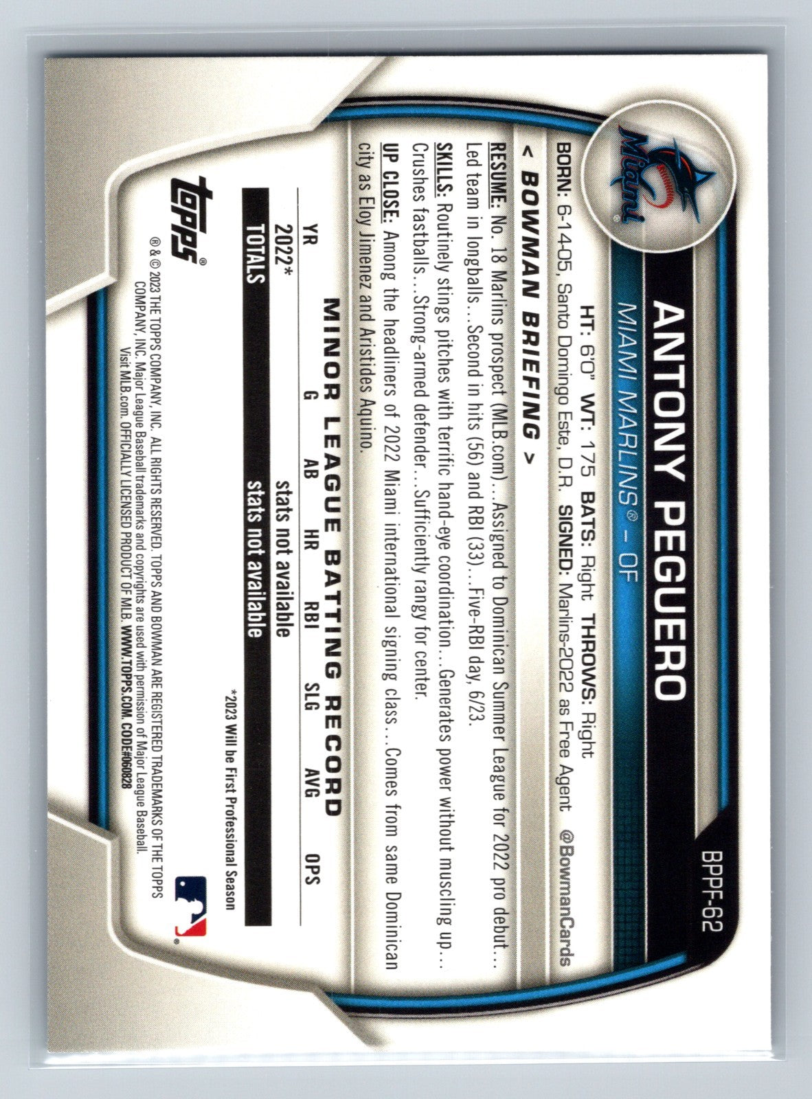 Antony Peguero 2023 Bowman 1st Edition Paper Sky Blue Foil #BPPF-62 Marlins