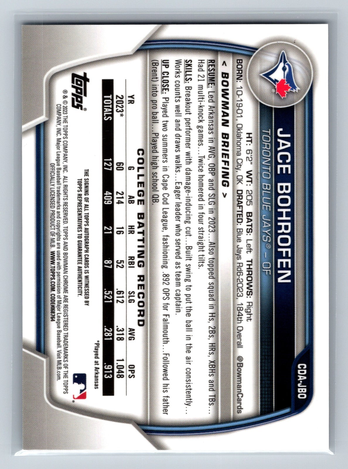 Jace Bohrofen 2023 Bowman Draft Chrome 1st Auto #CDA-JBO Blue Jays