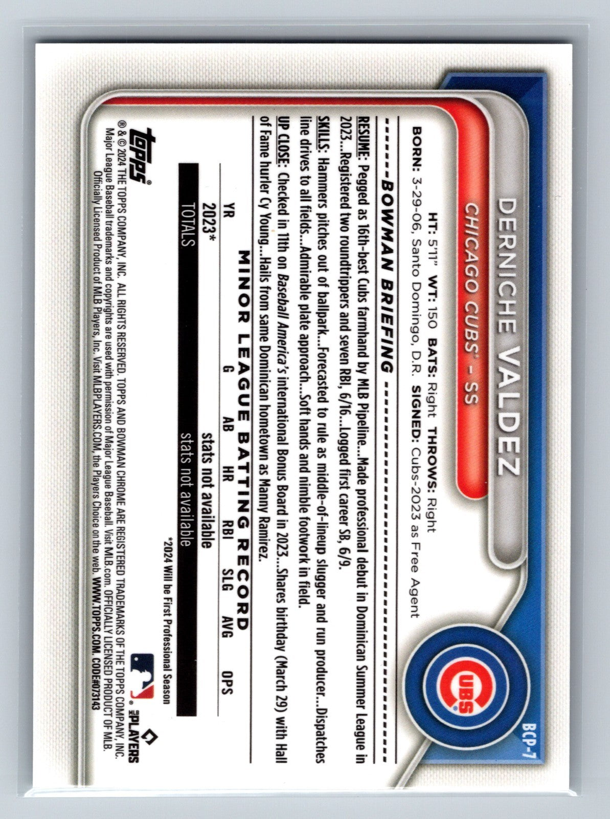 Derniche Valdez 2024 Bowman Chrome Prospects Aqua Lunar Refractor /125 #BCP-7