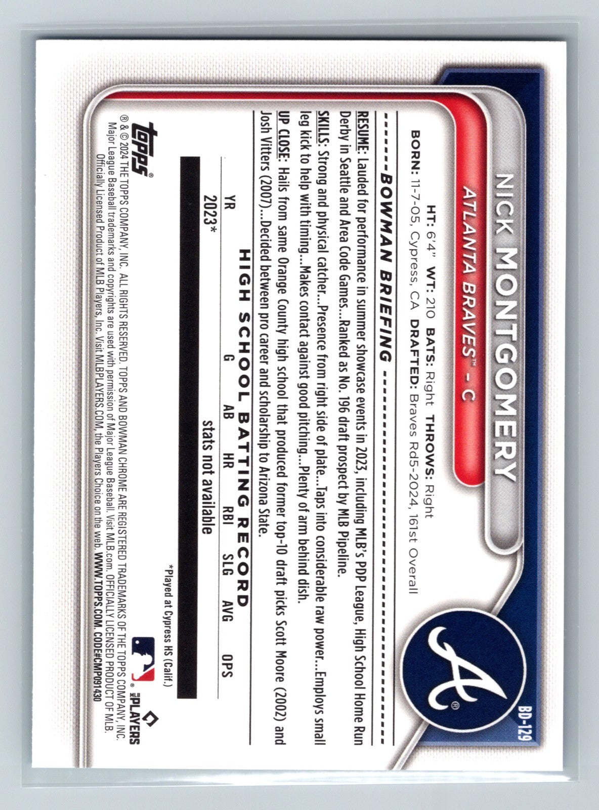Nick Montgomery 2024 Bowman Draft 1st Paper Sky Blue /499 #BD-129 Braves