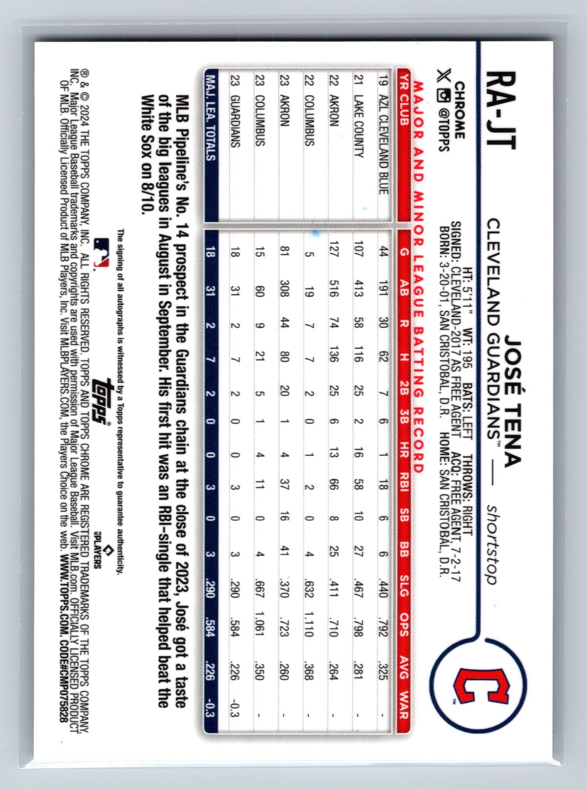 Jose Tena 2024 Topps Chrome Auto RC #RA-JT Guardians