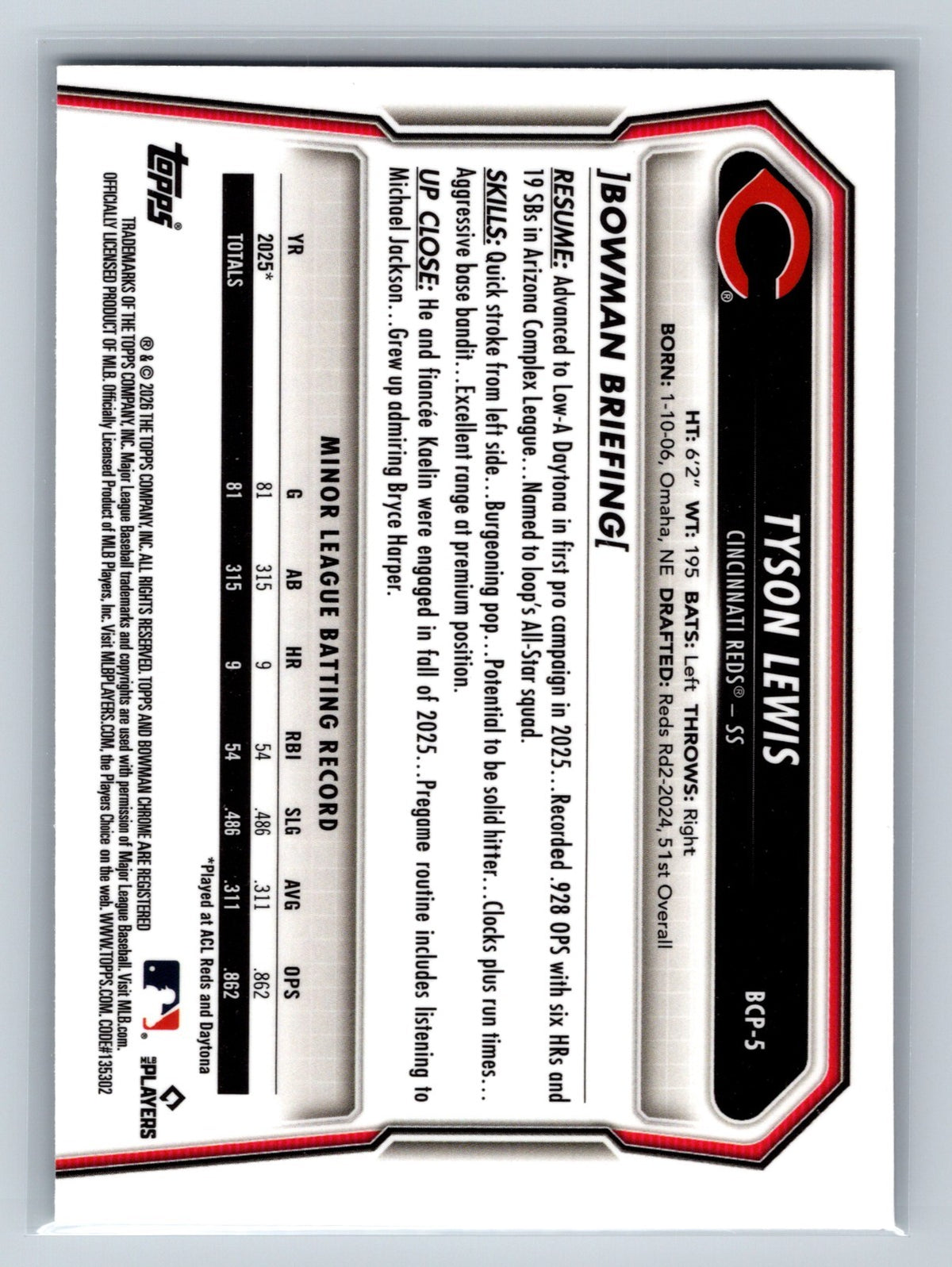 Tyson Lewis 2026 Bowman Chrome Prospects Speckle Refractor /299 #BCP-5 Reds
