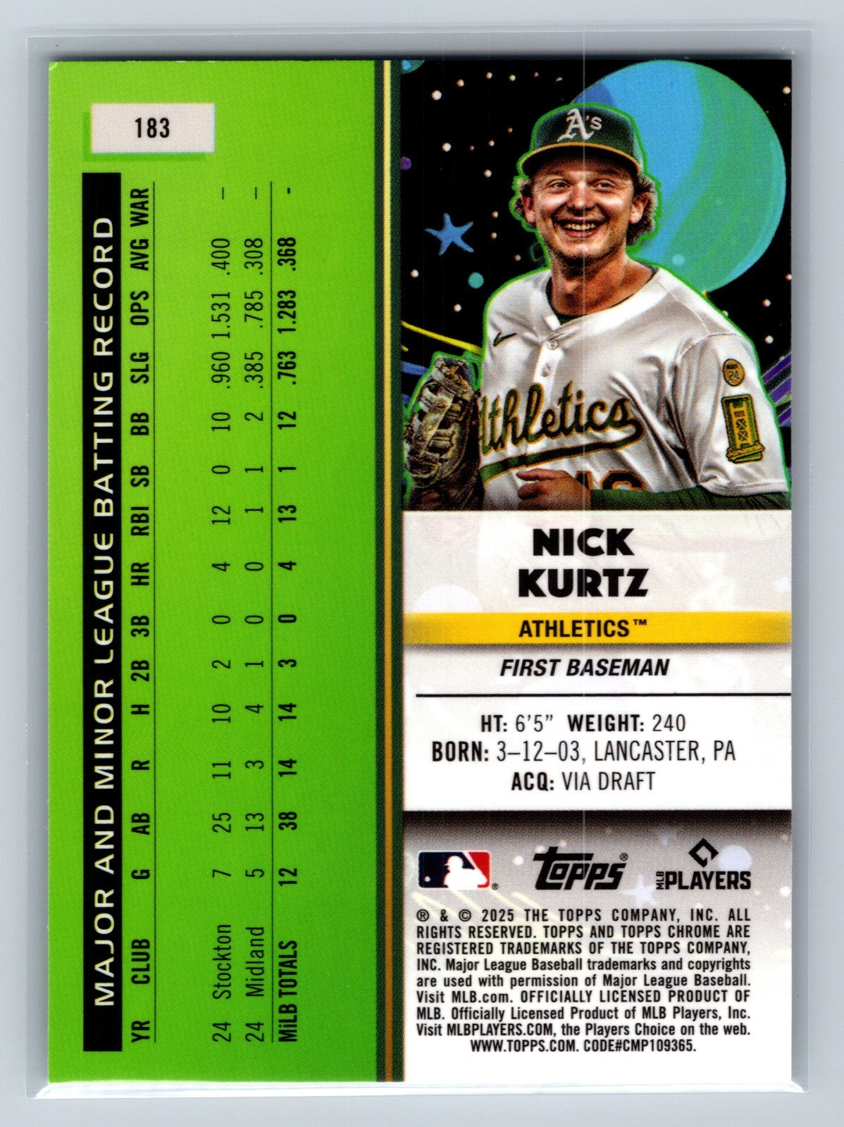 Nick Kurtz 2025 Topps Chrome Cosmic RC #183 Athletics