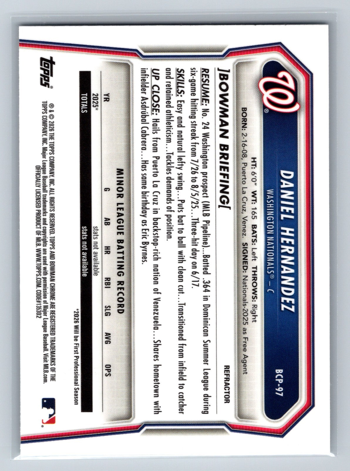 Daniel Hernandez 2026 Bowman Chrome 1st Refractor /499 #BCP-97 Nationals