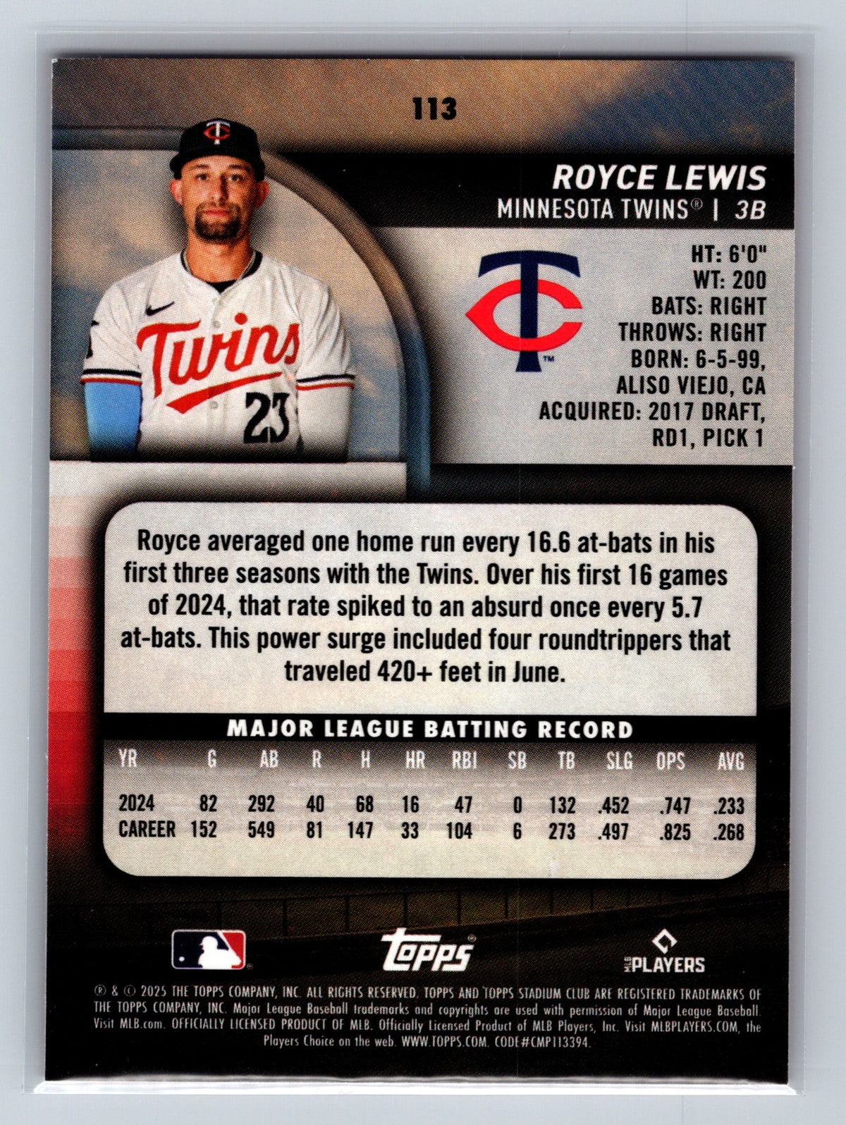 Royce Lewis 2025 Topps Stadium Club Red Foil #113 Twins