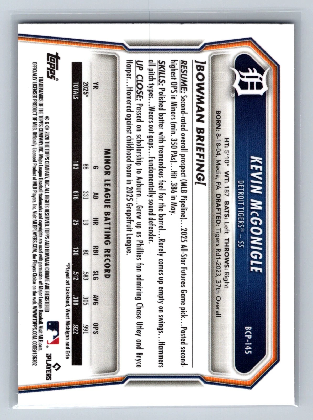 Kevin McGonigle 2026 Bowman Chrome Prospect Fuchsia Reptilian Refractor /199