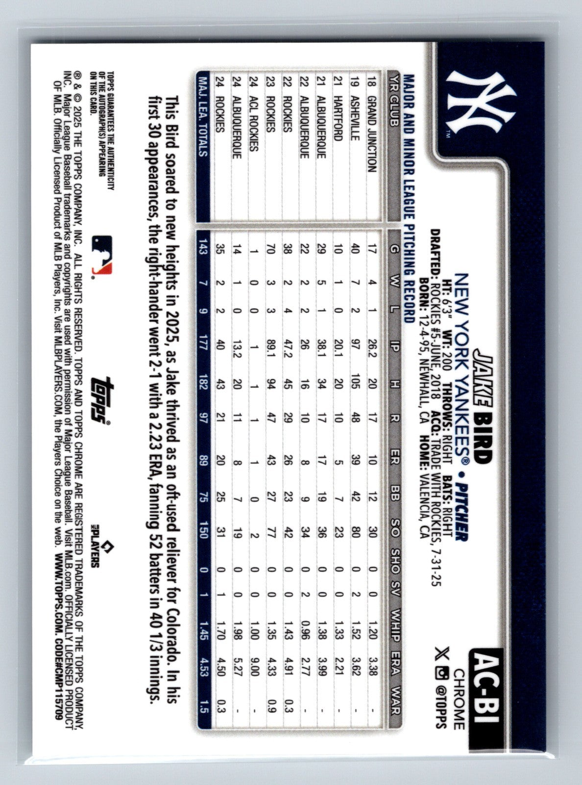 Jake Bird 2025 Topps Chrome Update Auto #AC-BI Yankees