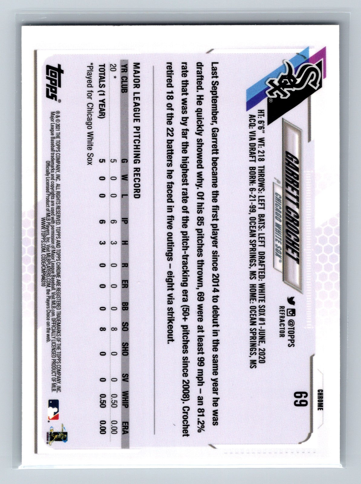 Garrett Crochet 2021 Topps Chrome Refractor RC #69 White Sox