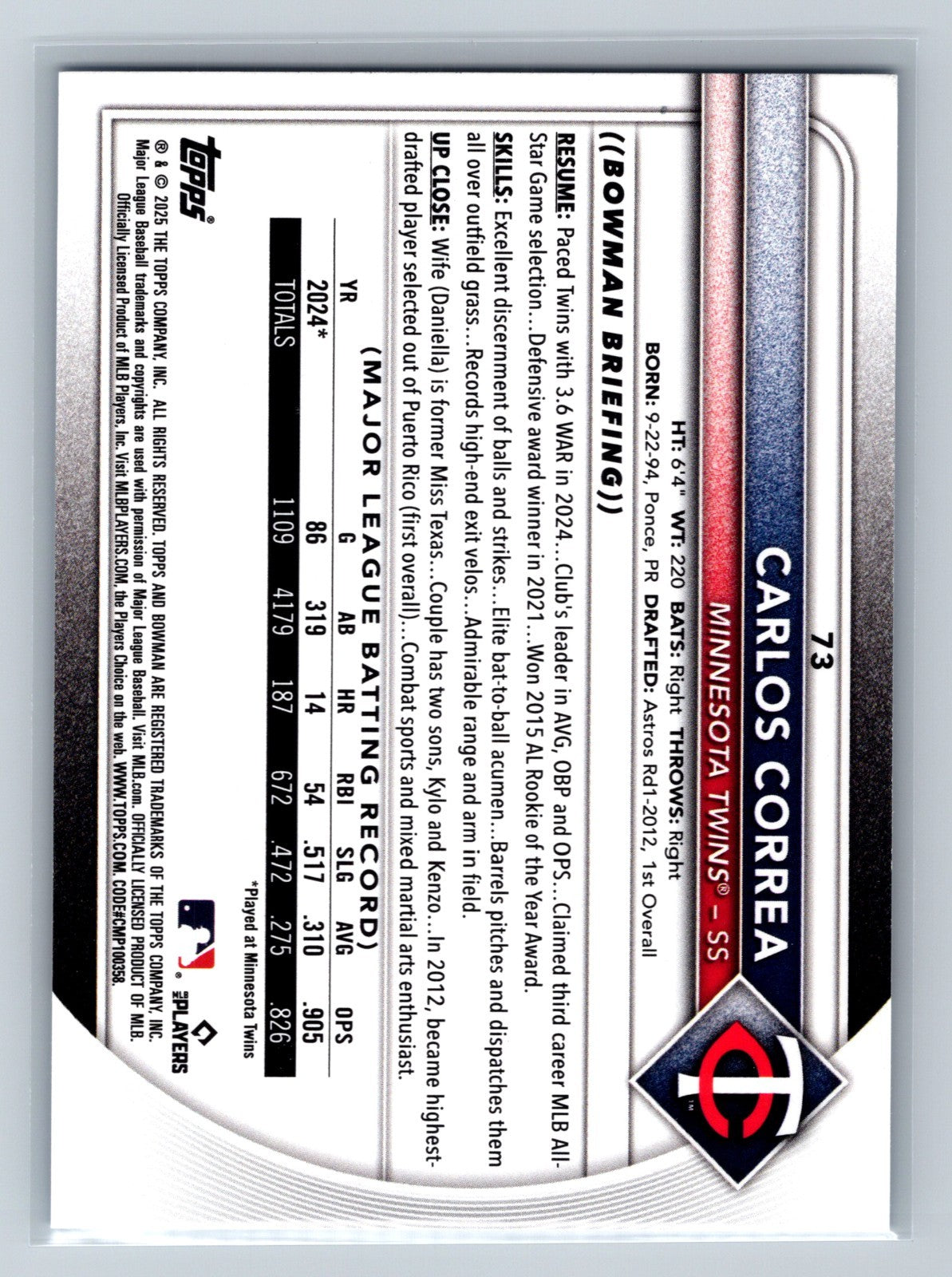 Carlos Correa 2025 Bowman Sky Blue /499 #73 Twins