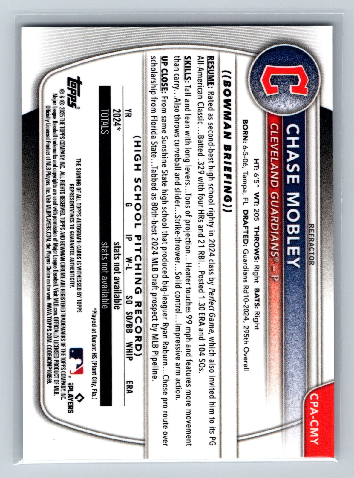 Chase Mobley 2025 Bowman Chrome 1st Refractor Auto /499 #CPA-CMY Guardians