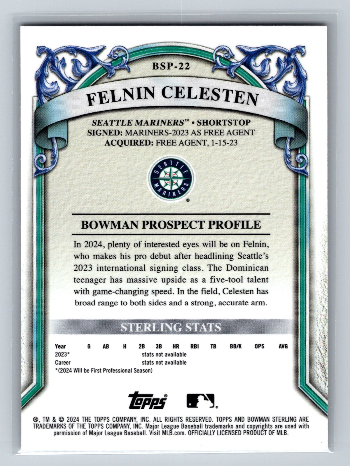Felnin Celesten 2024 Bowman Sterling Prospects Gold Refractor /50 #BSP-22