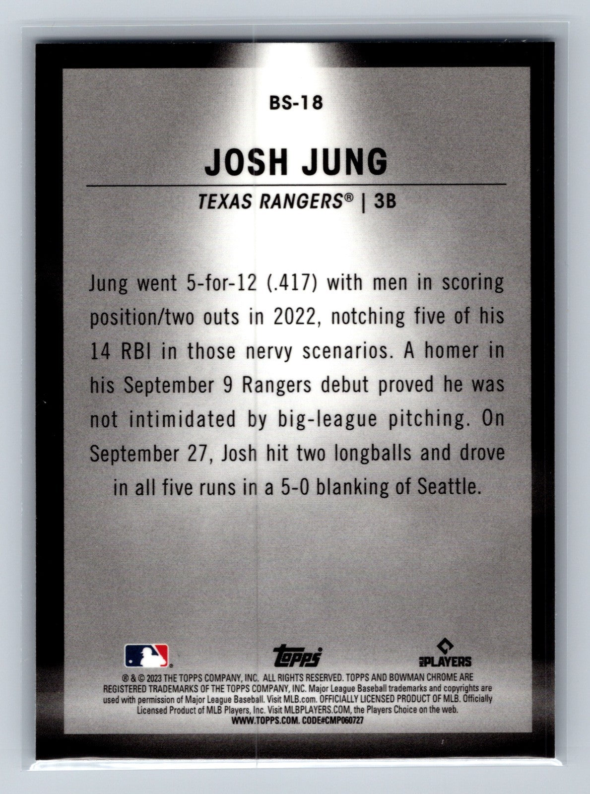 Josh Jung 2023 Bowman Chrome Bowman Spotlights RC #BS-18 Rangers