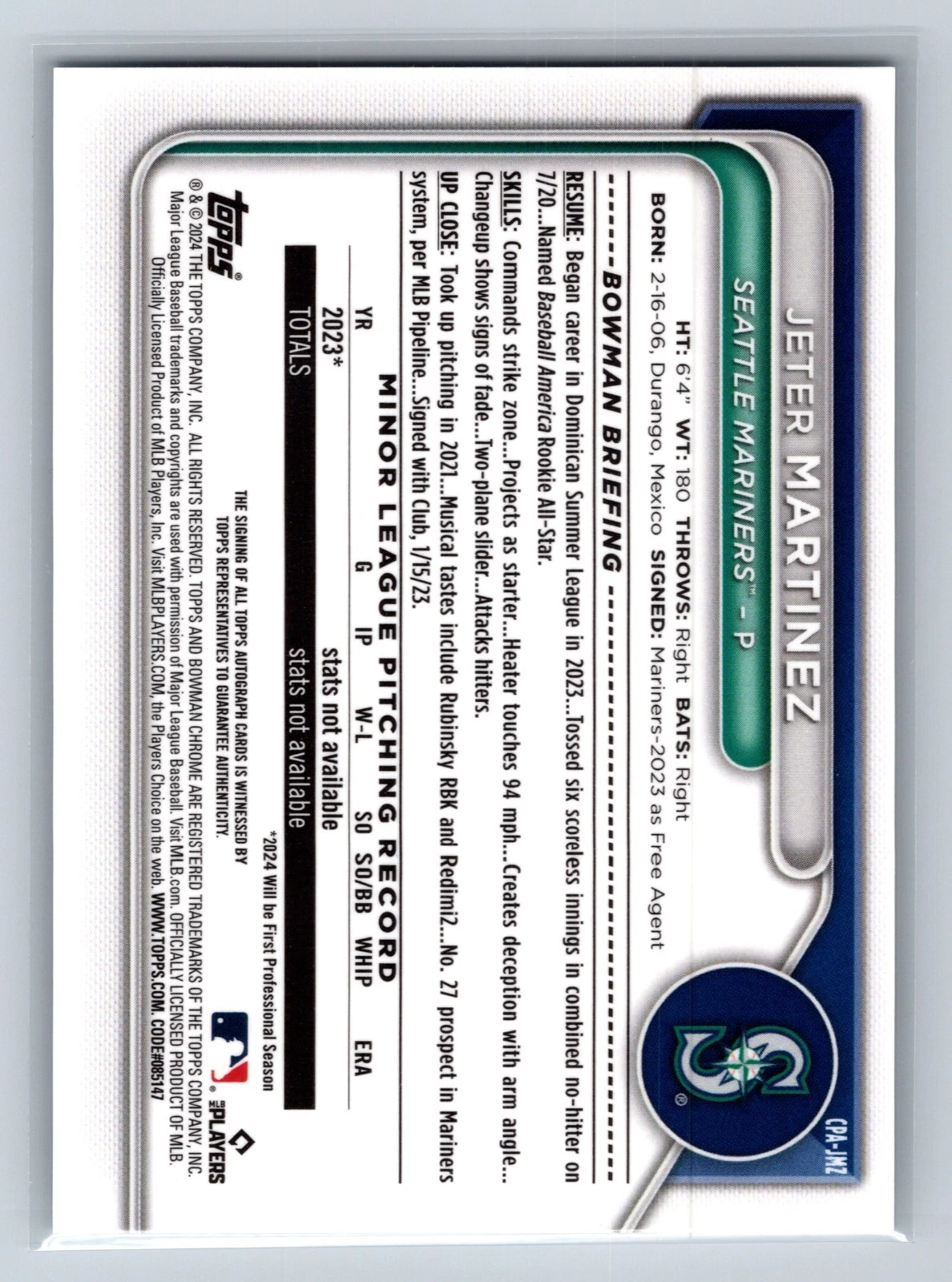 Jeter Martinez 2024 Bowman Chrome 1st Auto #CPA-JMZ Mariners