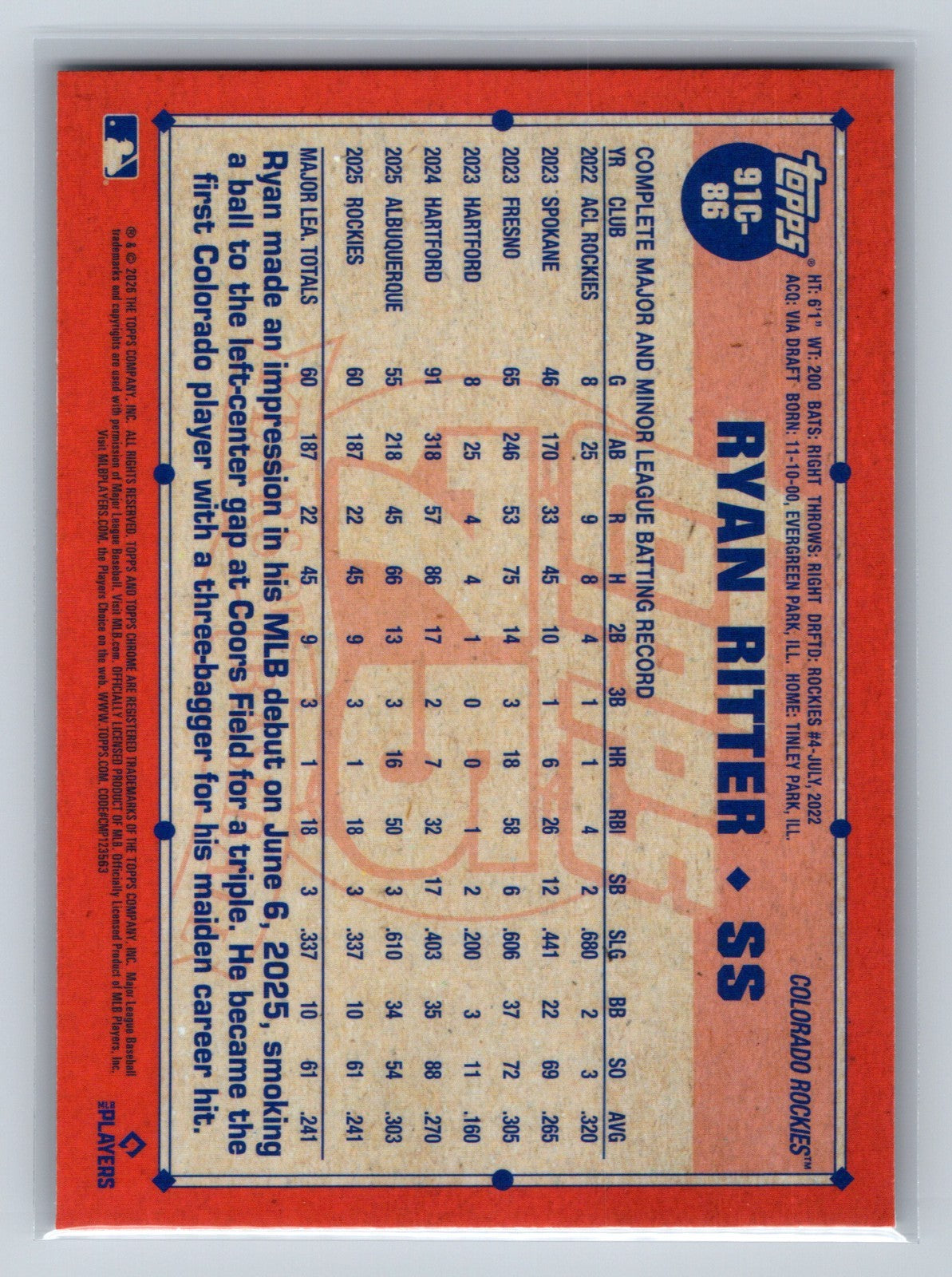 Ryan Ritter 2026 Topps Series 1 1991 Mojo RC #91C-86 Rockies
