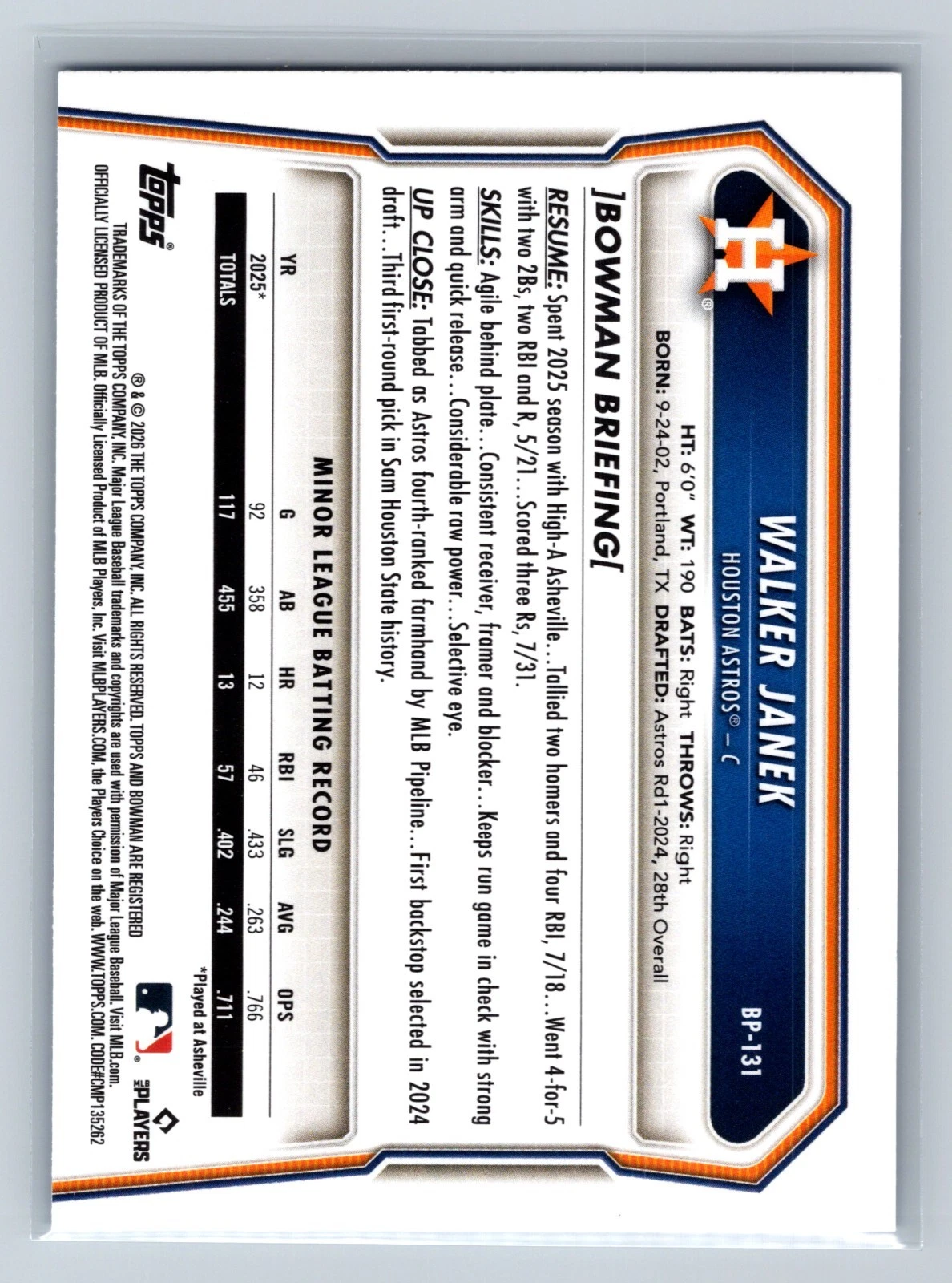 Walker Janek 2026 Bowman Paper Prospects Blue Scorecard /150 #BP-131 Astros