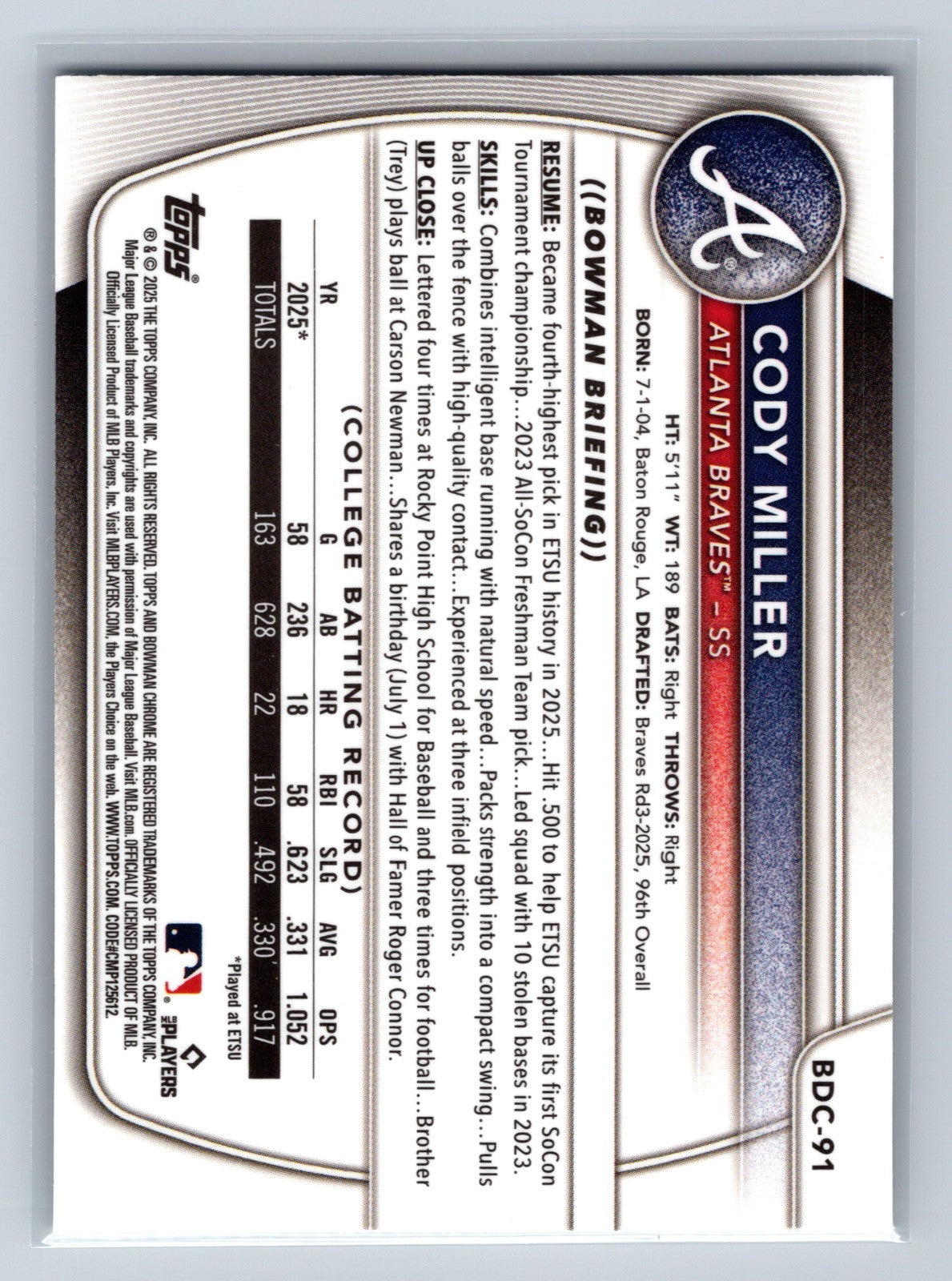 Cody Miller 2025 Bowman Draft Chrome 1st X-Fractor #BDC-91 Braves