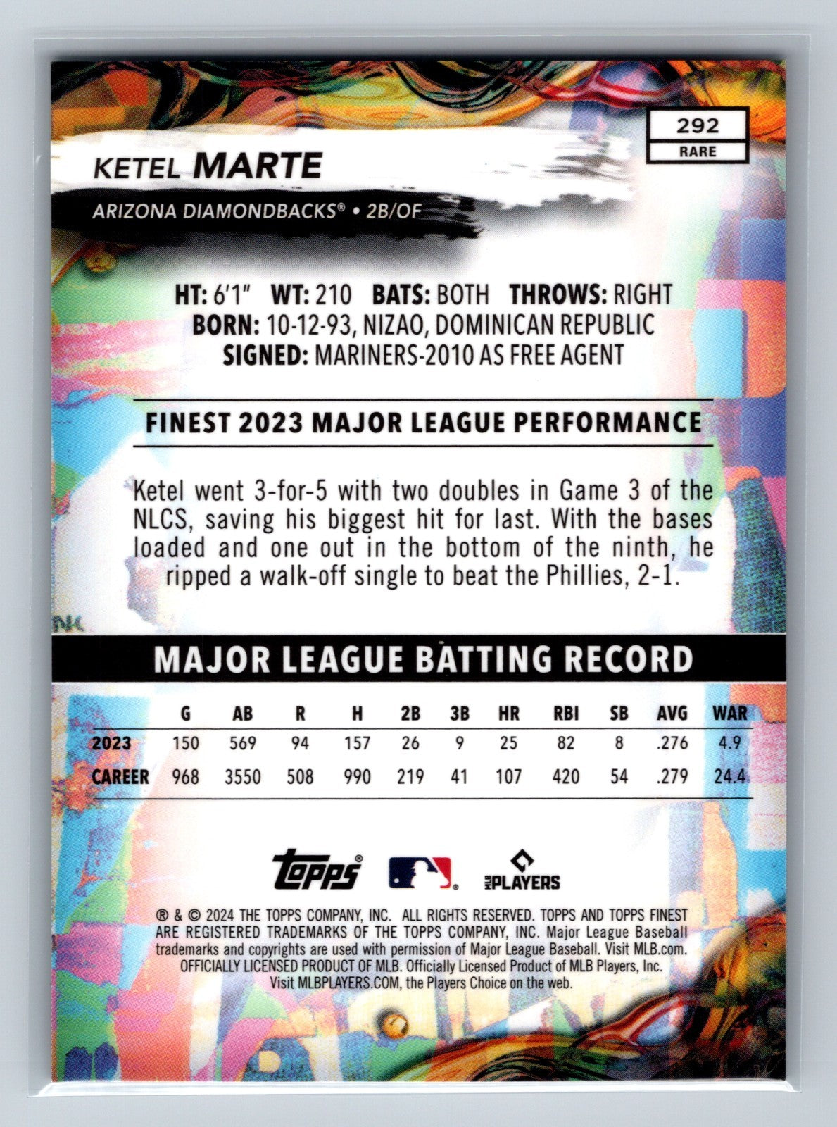 Ketel Marte 2024 Topps Finest Rare Green Refractor /25 #292 Diamondbacks