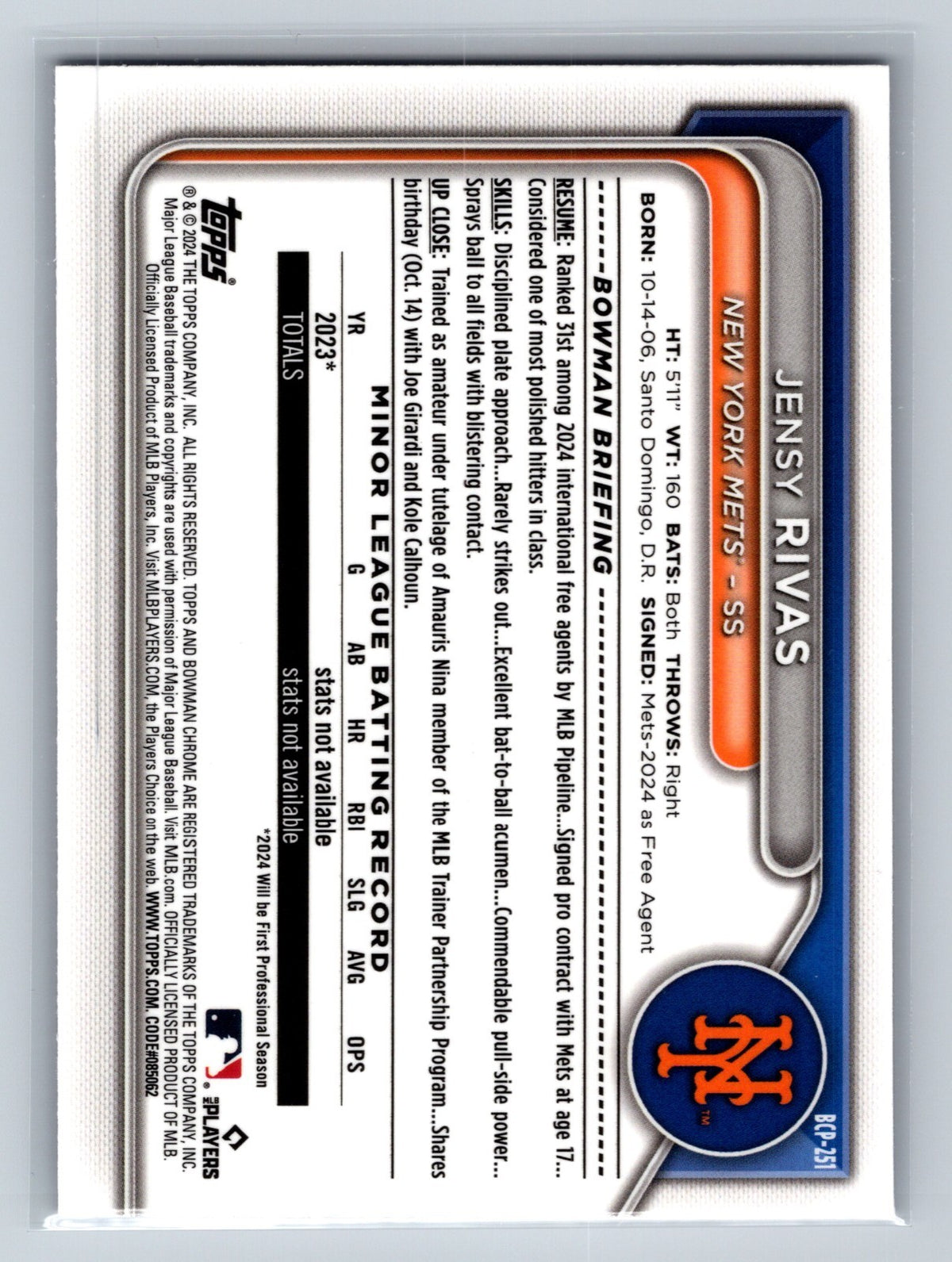 Jensy Rivas 2024 Bowman Chrome 1st Purple Shimmer Refractor /250 #BCP-251 Mets