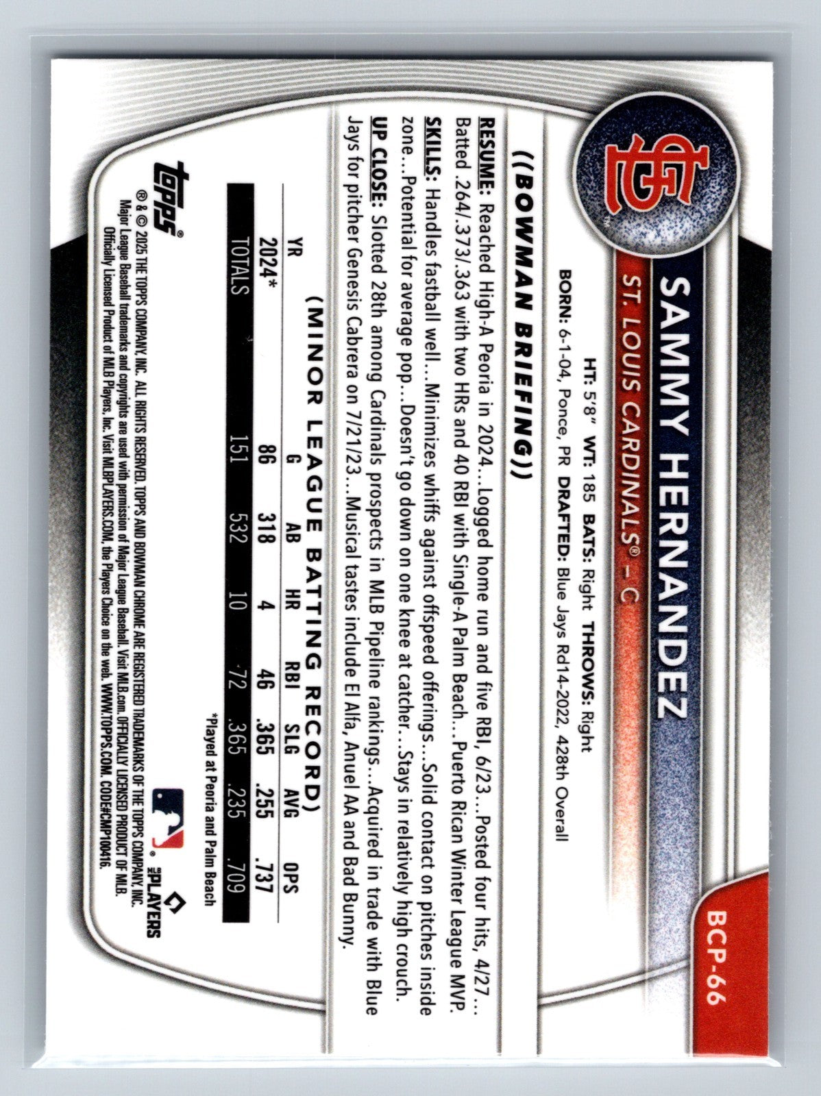 Sammy Hernandez 2025 Bowman Chrome 1st X-Fractor #BCP-66 Cardinals