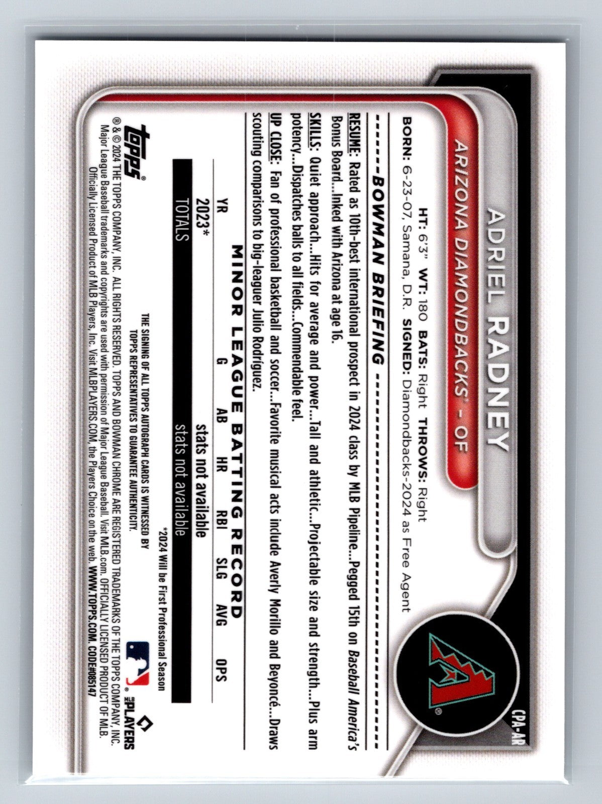 Adriel Radney 2024 Bowman Chrome 1st Auto #CPA-AR Diamondbacks