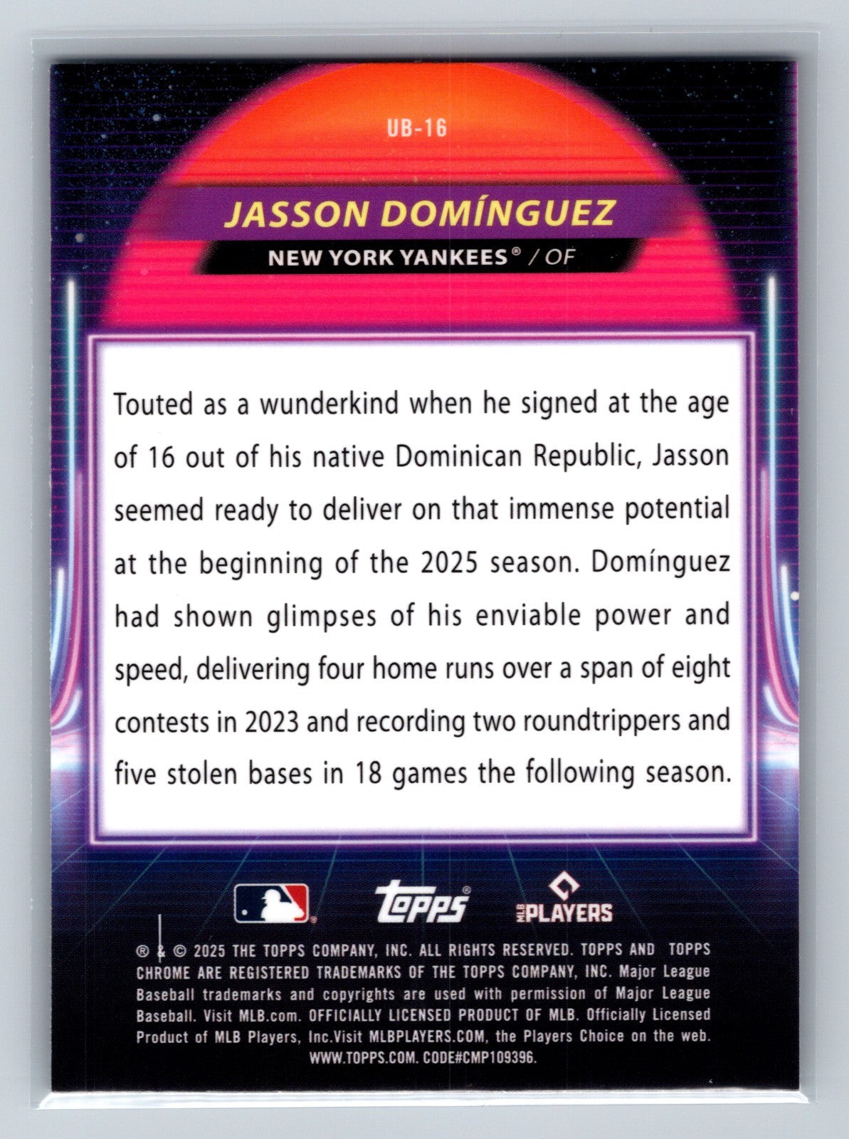 Jasson Dominguez 2025 Topps Chrome Cosmic Ultraviolet Beam #UB-16 Yankees