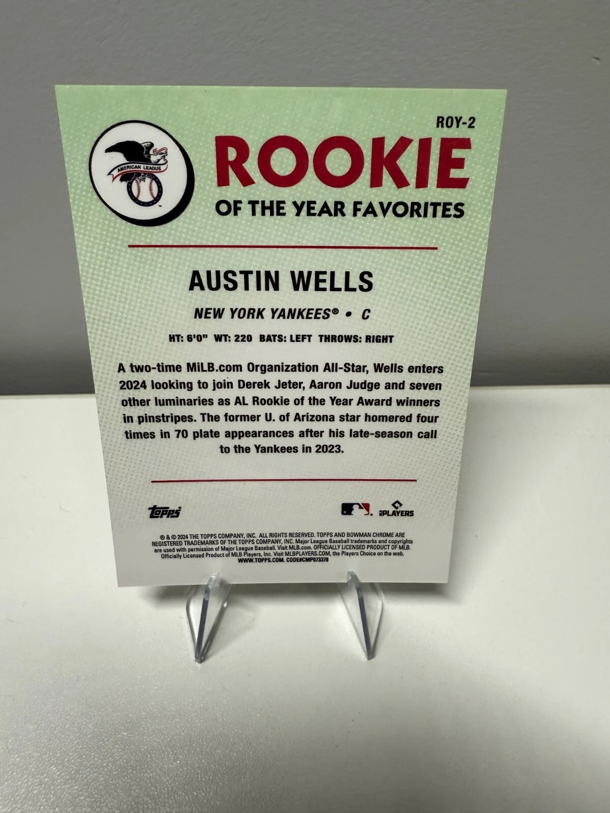 Austin Wells 2024 Bowman Chrome Rookie Of The Year Favorites Mojo Green RC /99