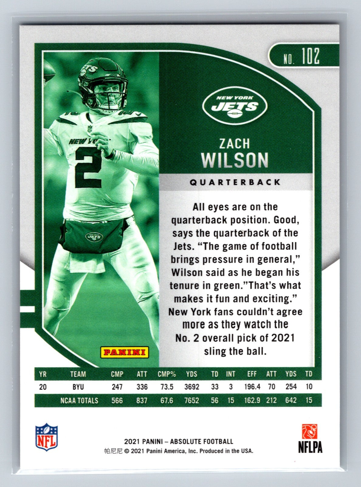 Zach Wilson 2021 Panini Absolute Red Squares RC /499 #102 Jets