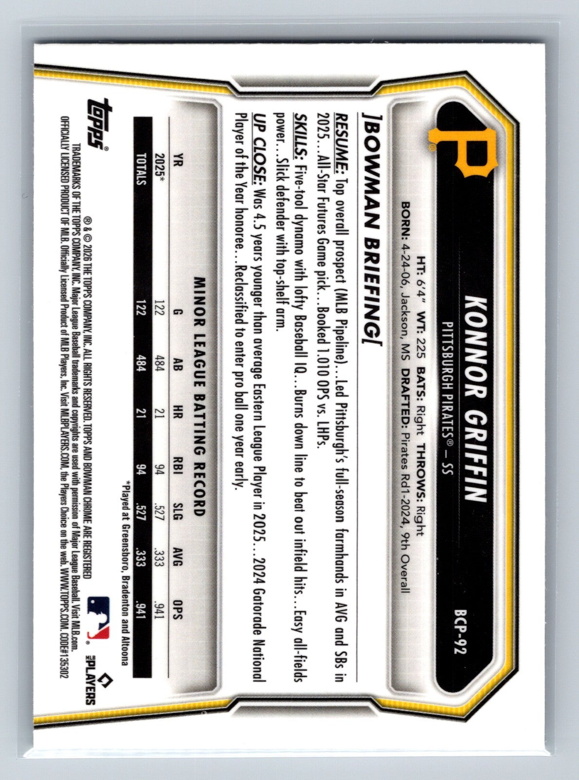 Konnor Griffin 2026 Bowman Chrome Prospects #BCP-92 Pirates