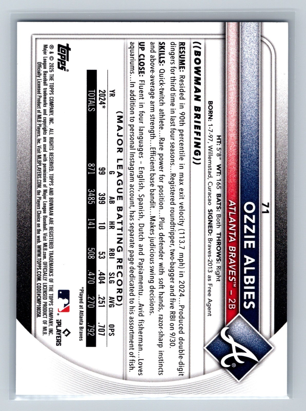 Ozzie Albies 2025 Bowman Sky Blue /499 #71 Braves