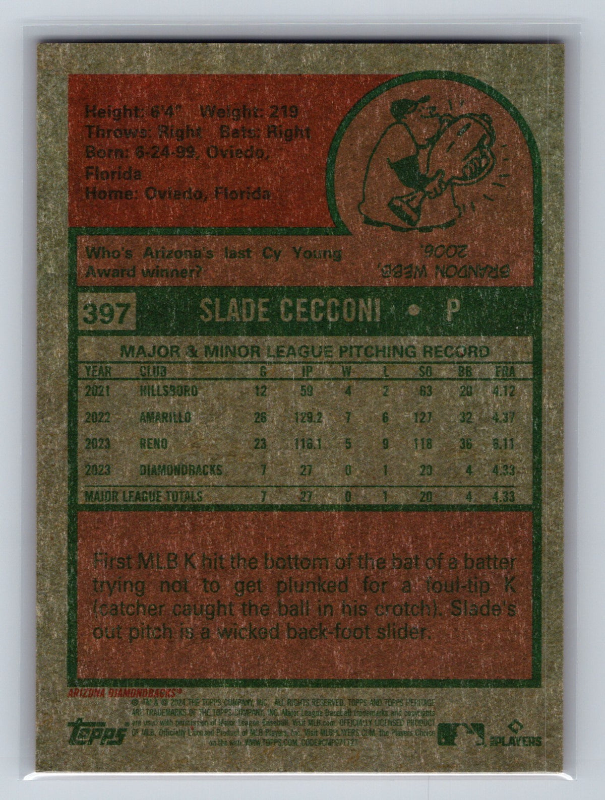 Slade Cecconi 2024 Topps Heritage Chrome RC /999 #397 Diamondbacks