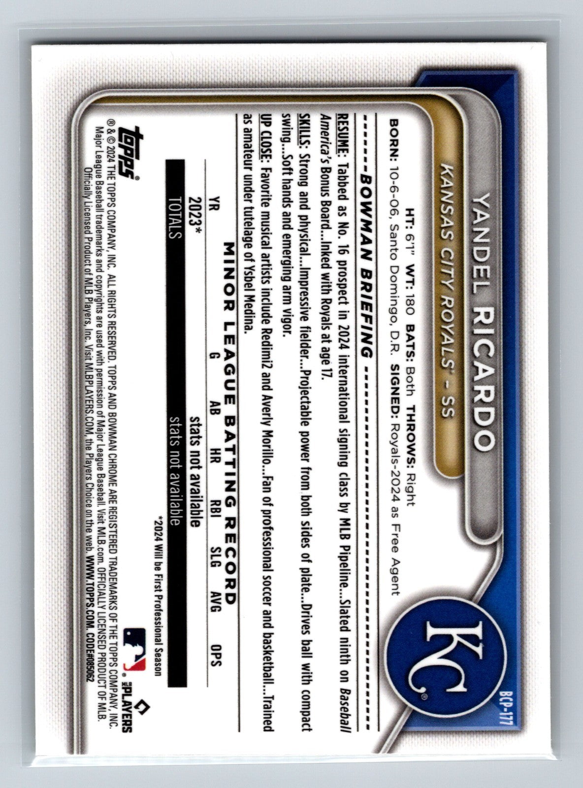 Yandel Ricardo 2024 Bowman Chrome 1st Sapphire Yellow Refractor /75 #BCP-177
