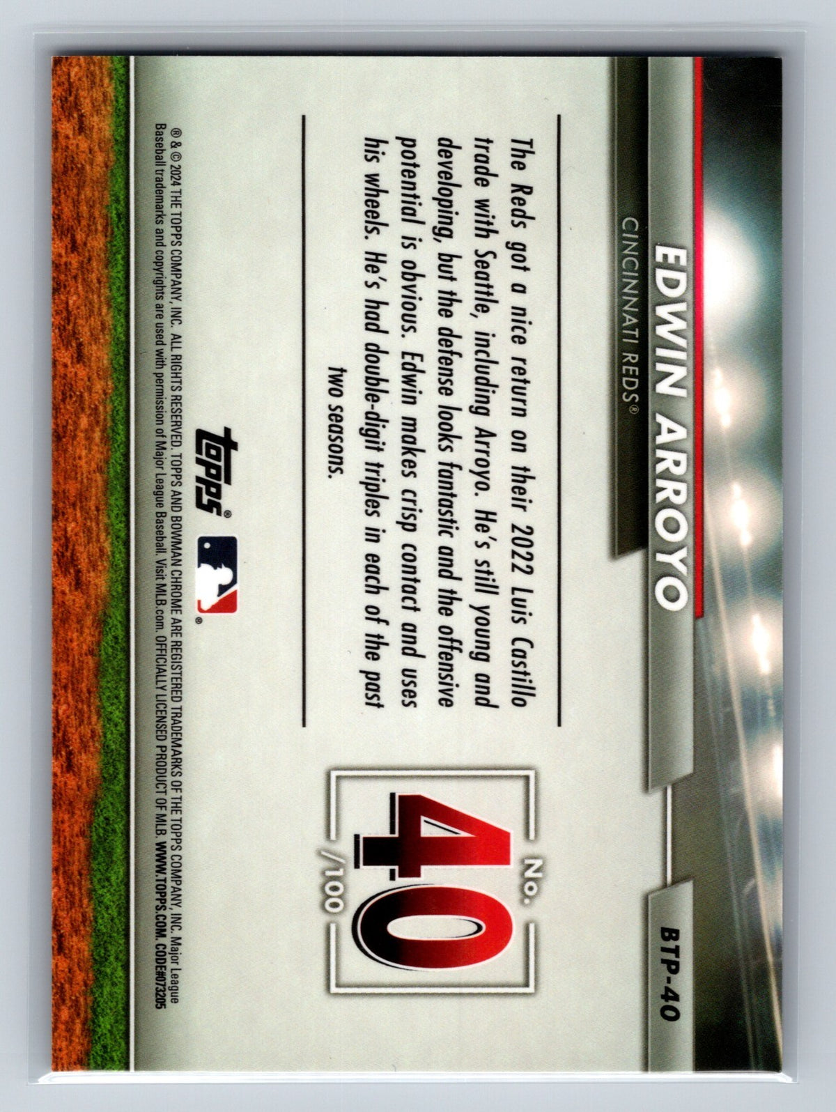 Edwin Arroyo 2024 Bowman Chrome Scouts Top 100 Gold Refractor /50 #BTP-40 Reds
