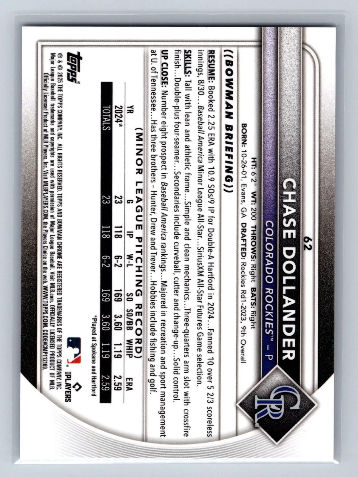 Chase Dollander 2025 Bowman Chrome Image Variation SP RC #62 Rockies