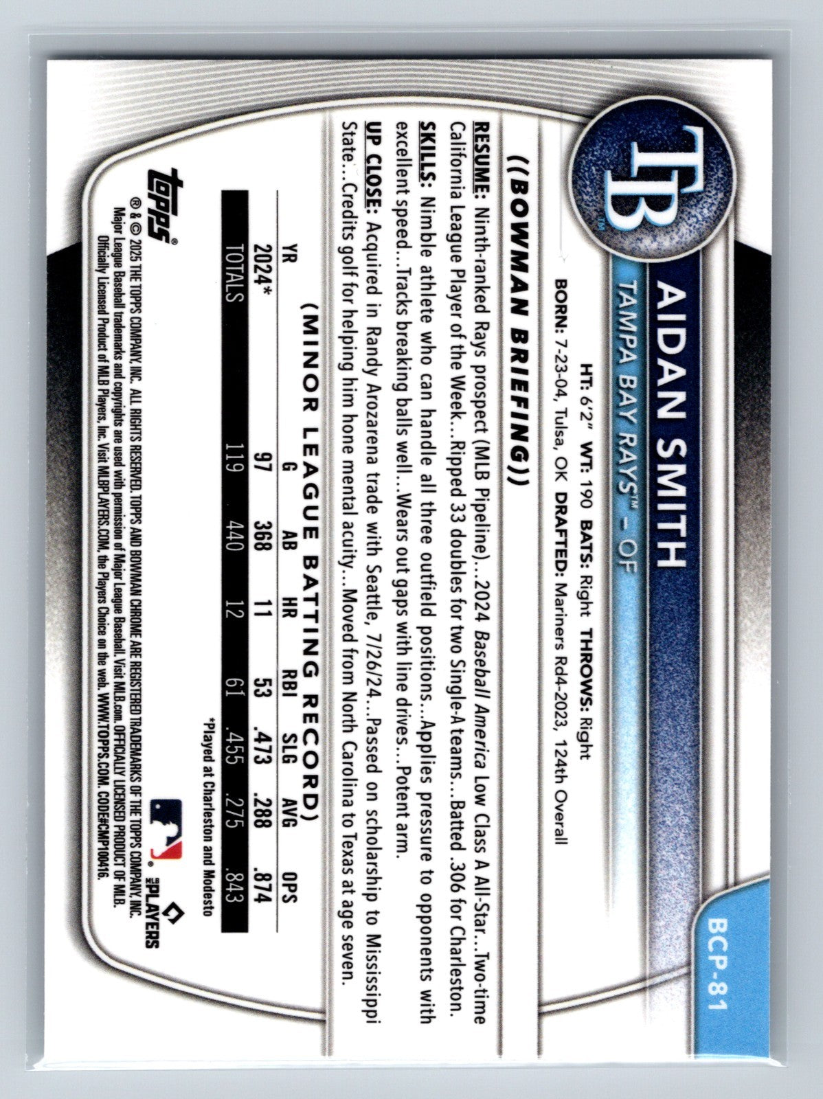Aidan Smith 2025 Bowman Chrome Prospects Lava Refractor /399 #BCP-81 Rays