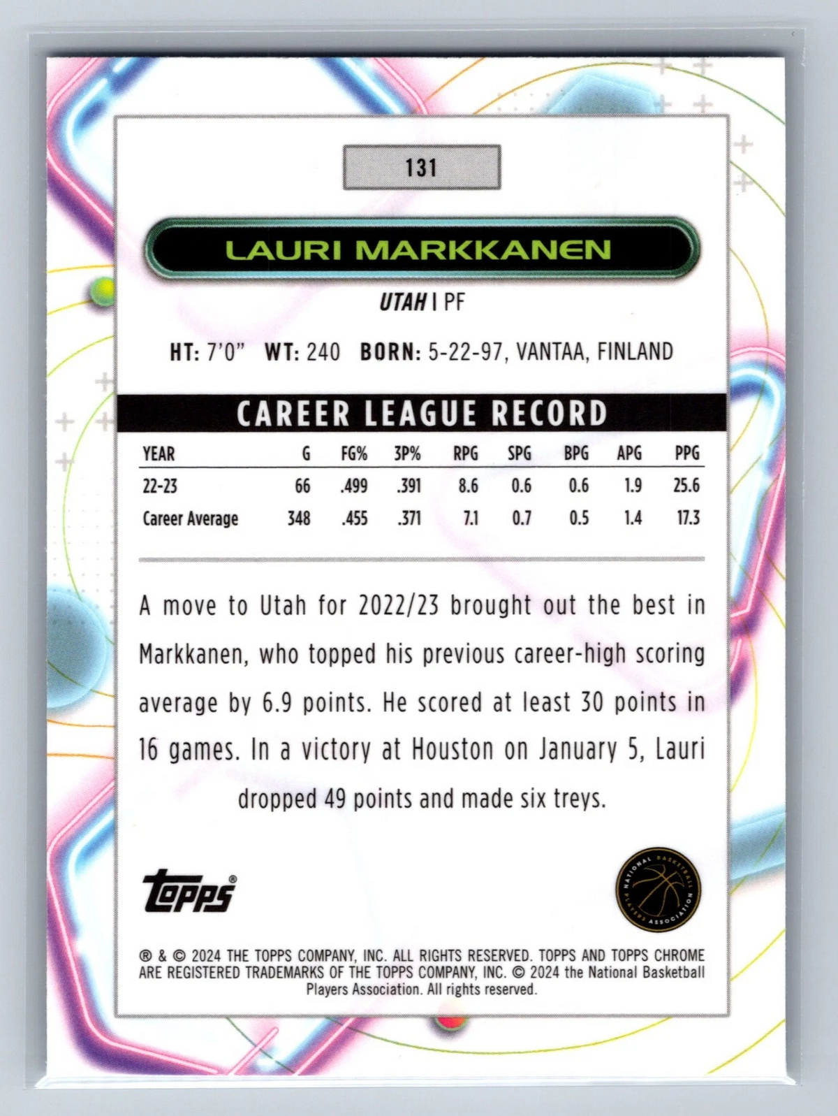 Lauri Markkanen 2024 Topps Cosmic Chrome Blue Moon Refractor /99 #131
