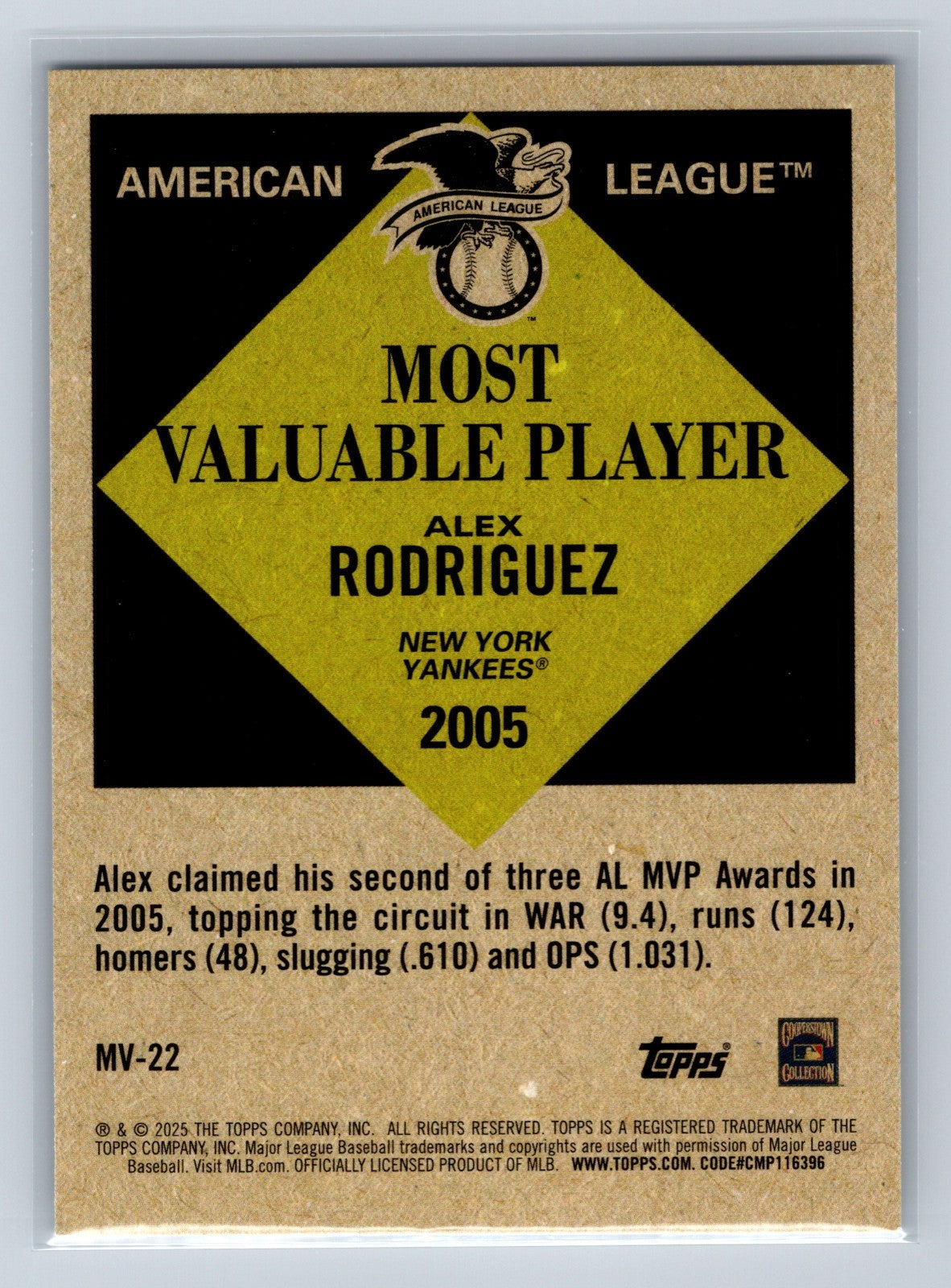 Alex Rodriguez 2025 Topps Update Series Most Valuable Player #MV-22 Yankees