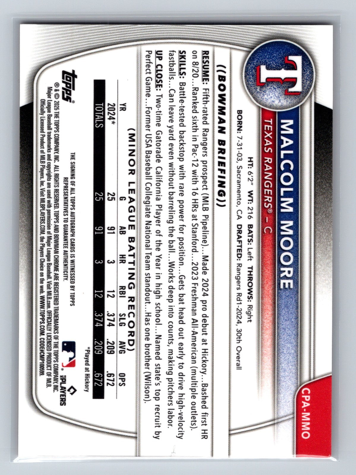 Malcolm Moore 2025 Bowman Chrome 1st Orange Refractor Auto /25 #CPA-MMO Rangers