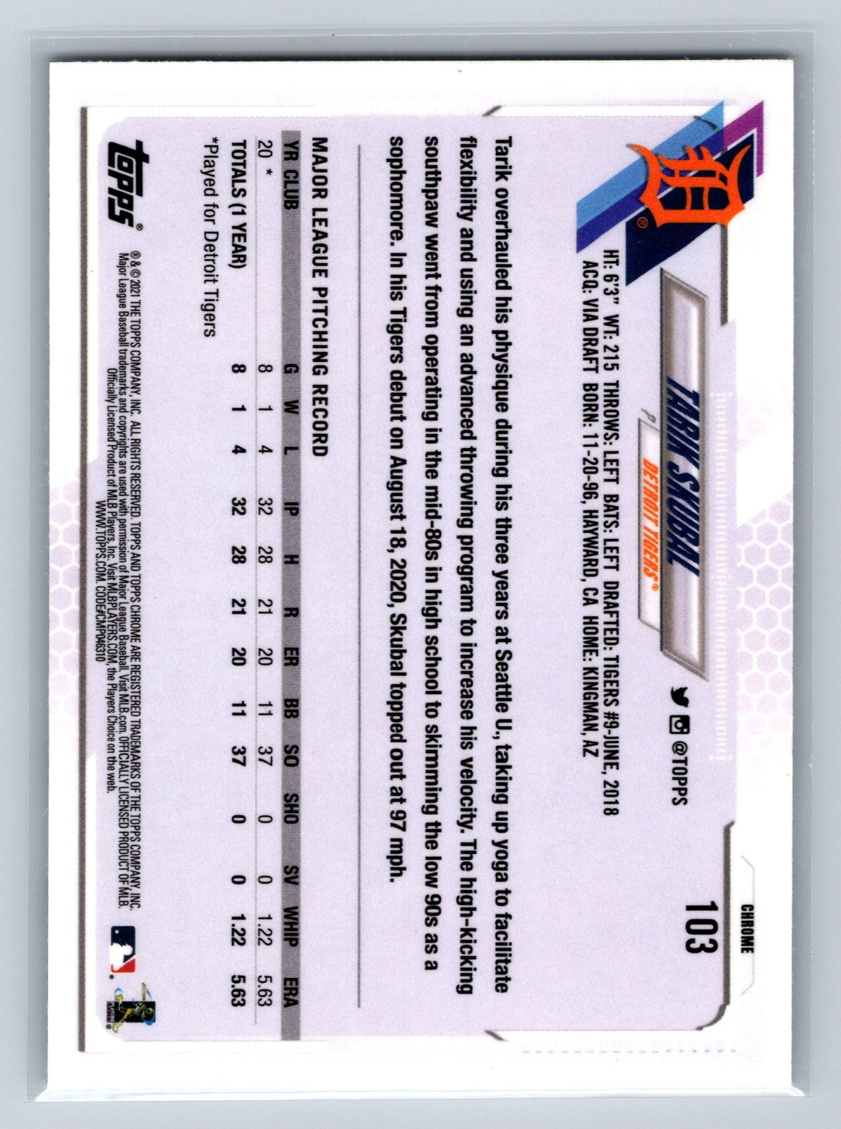 Tarik Skubal 2021 Topps Chrome RC #103 Tigers