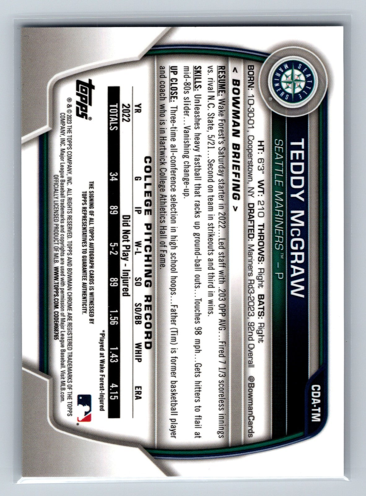 Teddy McGraw 2023 Bowman Draft Chrome 1st Auto #CDA-TM Mariners